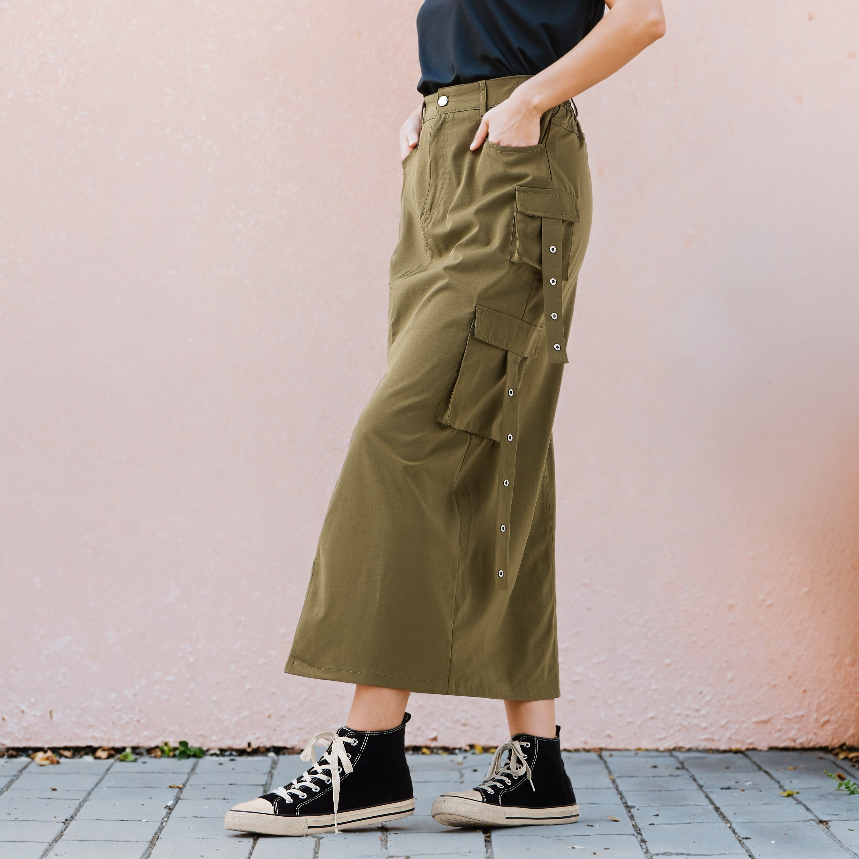 2Xtremz Utility Cargo Maxi Skirt with Slit and Pockets-women-clothing-bottoms-skirts-image-1