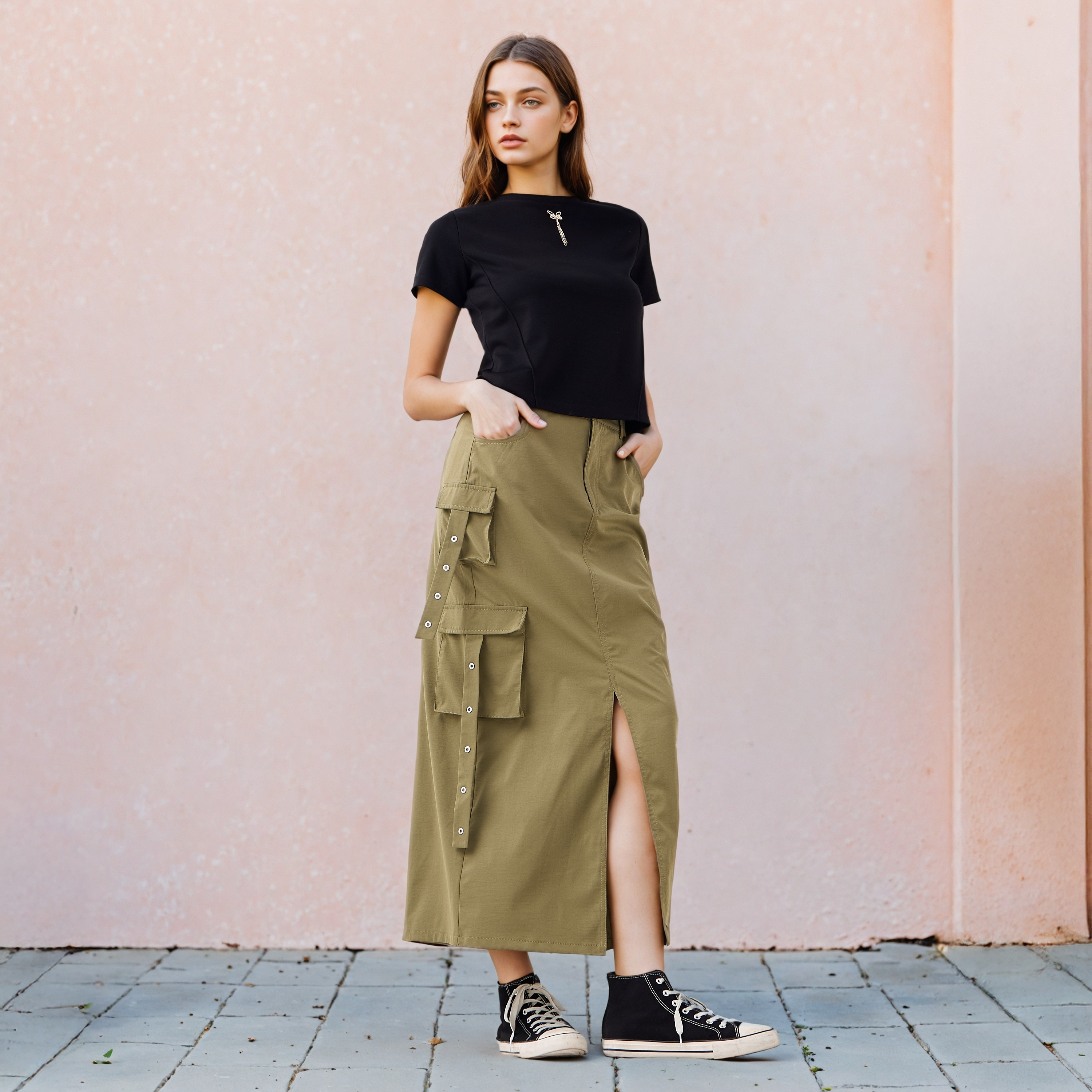 2Xtremz Utility Cargo Maxi Skirt with Slit and Pockets-women-clothing-bottoms-skirts-image-2