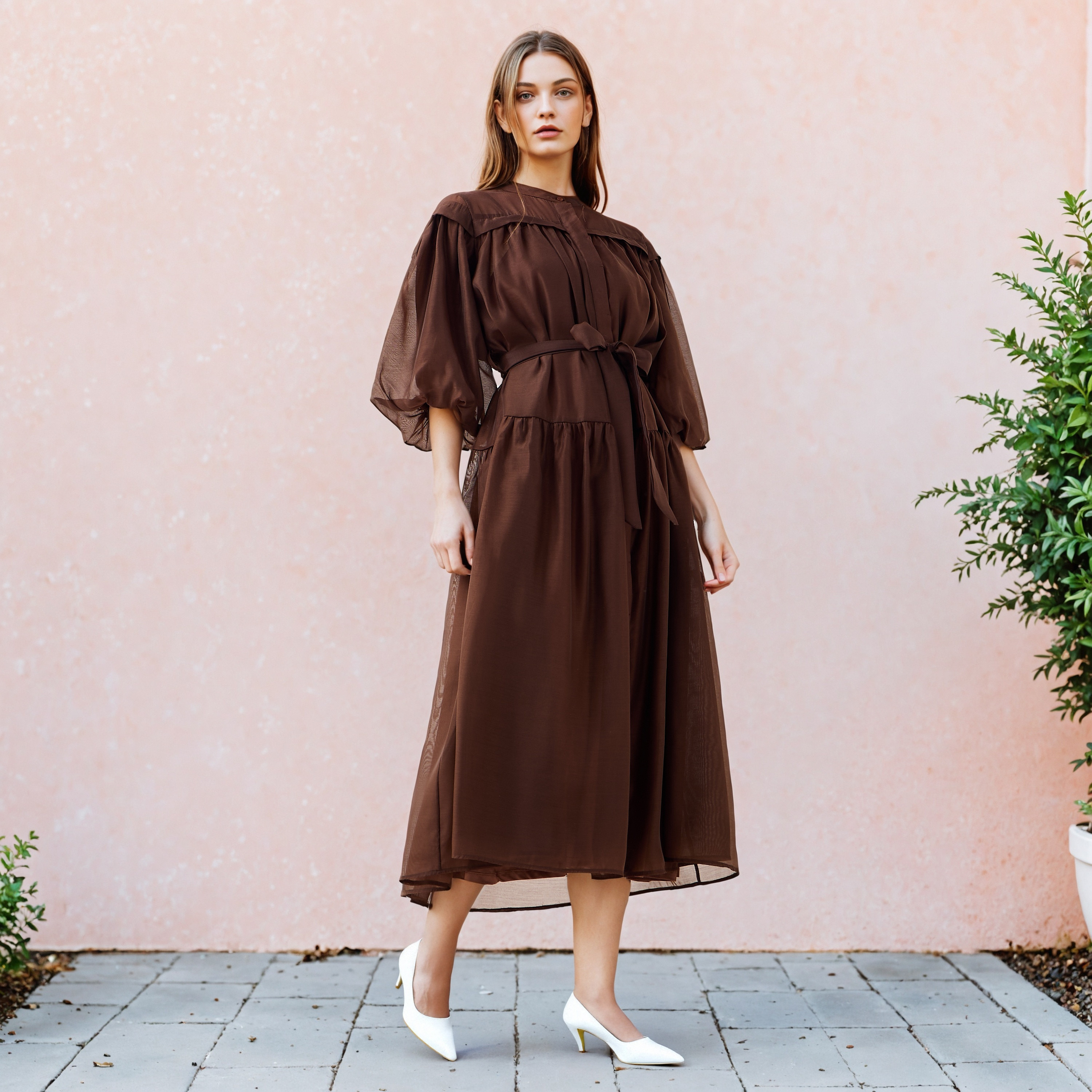 فستان ميدي شفاف بطبقات وياقة ماندارين من تو إكستريمز-women-clothing-dresses-image-1