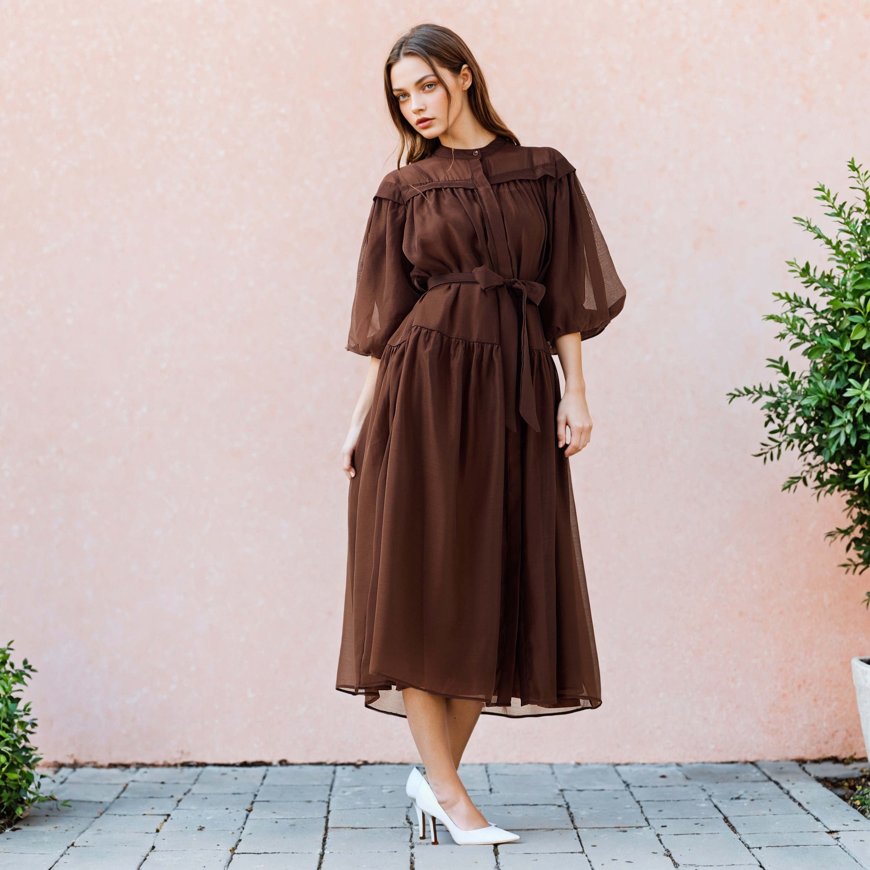 فستان ميدي شفاف بطبقات وياقة ماندارين من تو إكستريمز-women-clothing-dresses-image-2