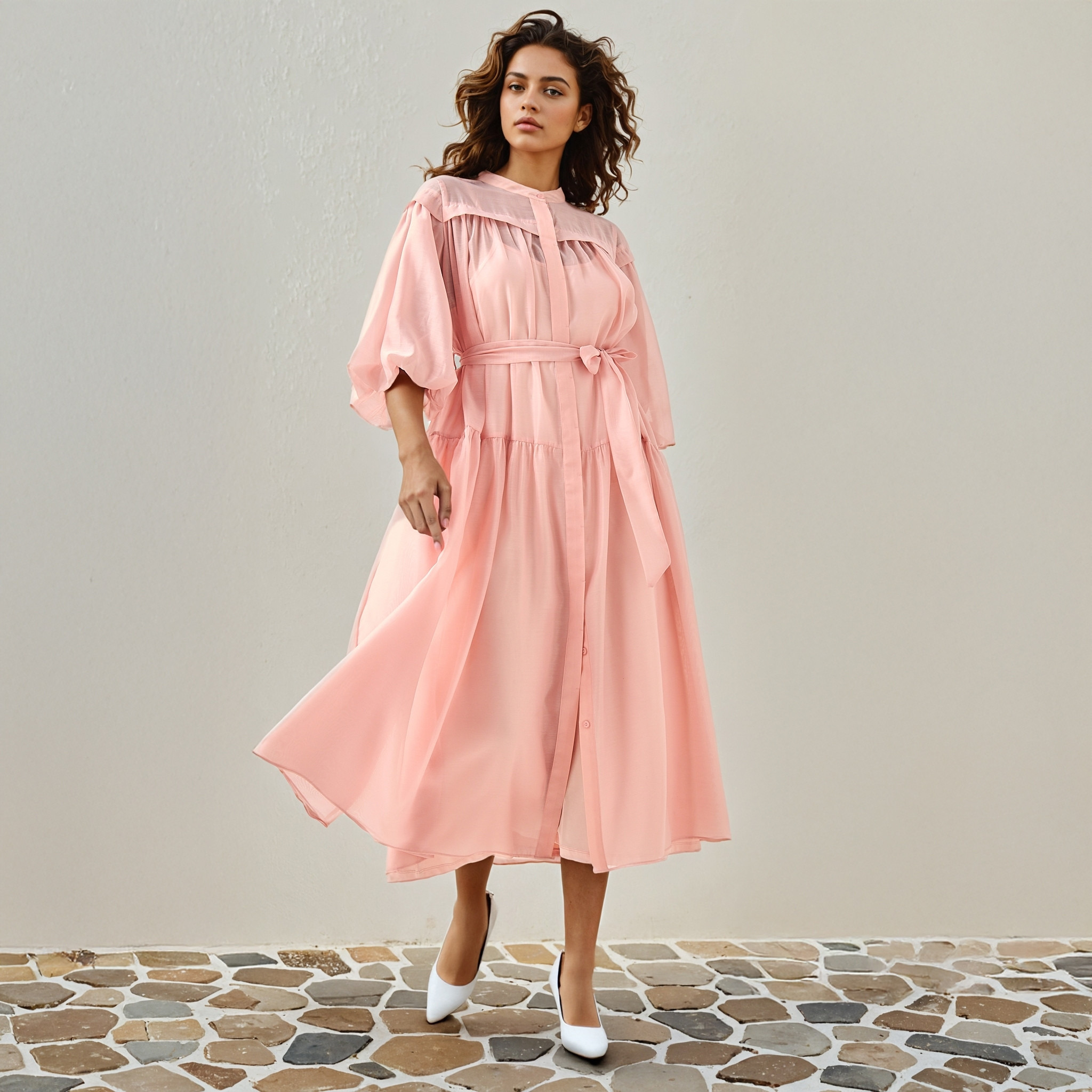 2Xtremz Sheer Tiered Midi Dress with Mandarin Collar-women-clothing-dresses-image-1