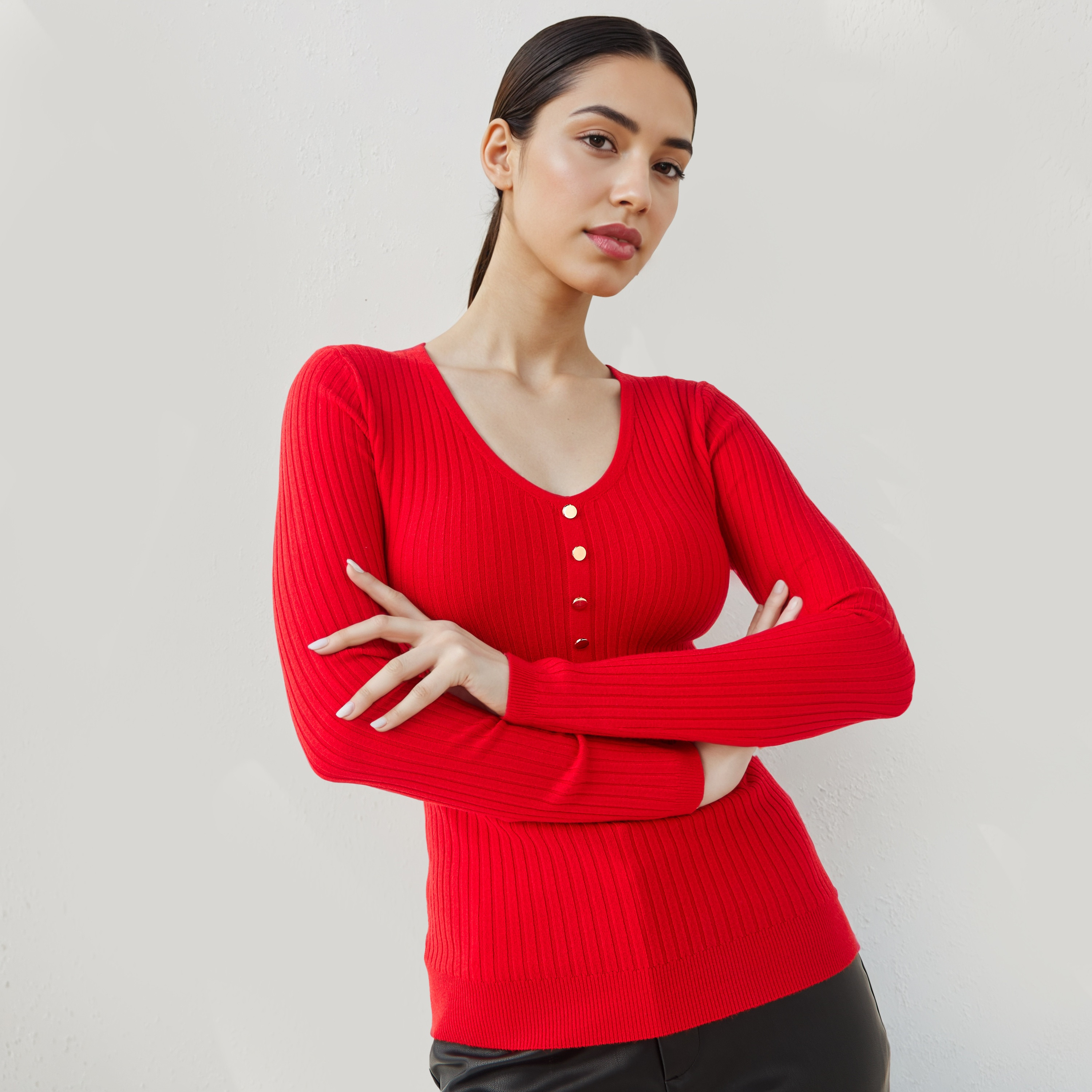 كنزة مضلعة بياقة V من تو إكستريمز-women-winterwear-cardigansandjumpers-jumpers-image-24