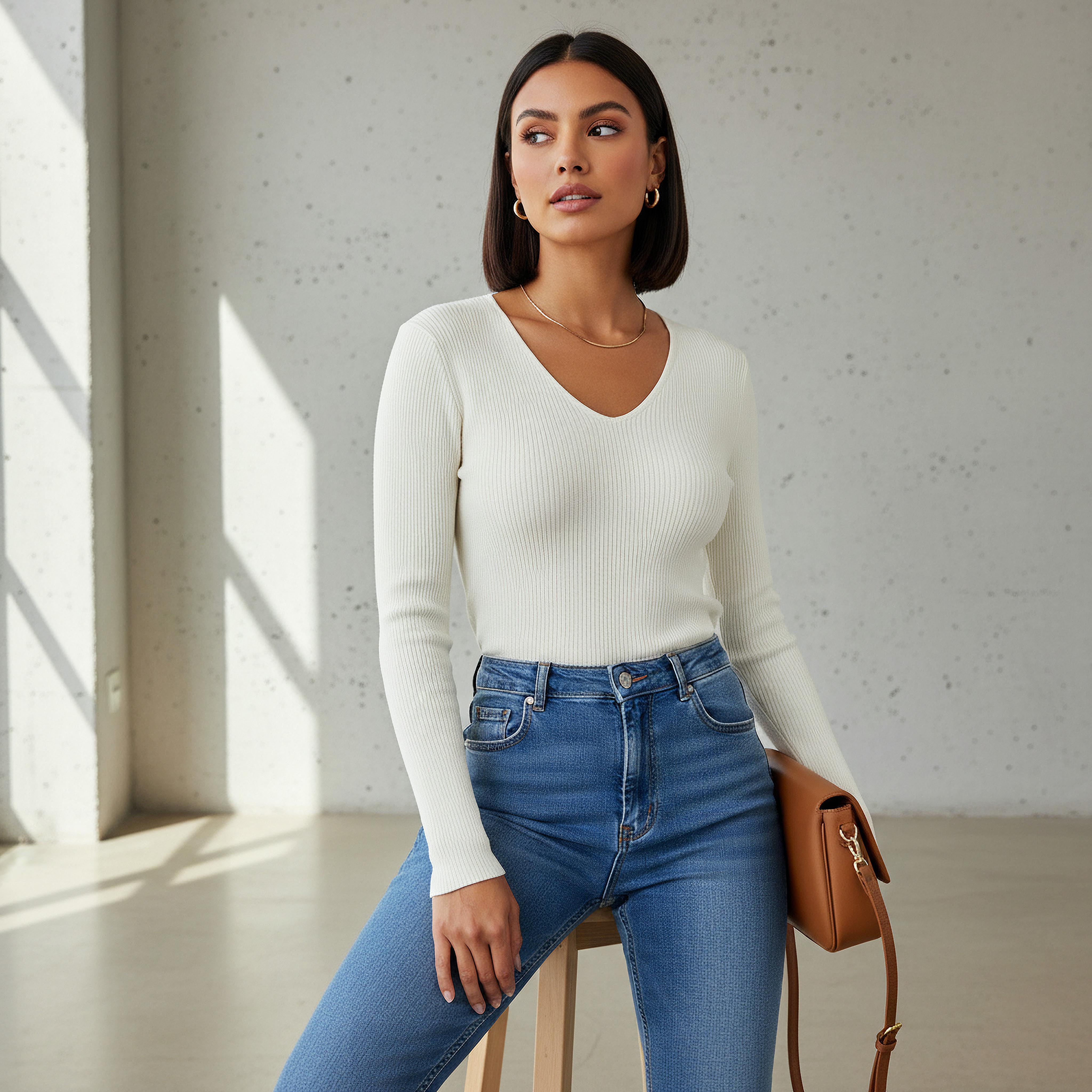 كنزة تريكو مضلعة بقصة عادية وياقة V من تو إكستريمز-women-clothing-cardigansandjumpers-jumpers-image-1