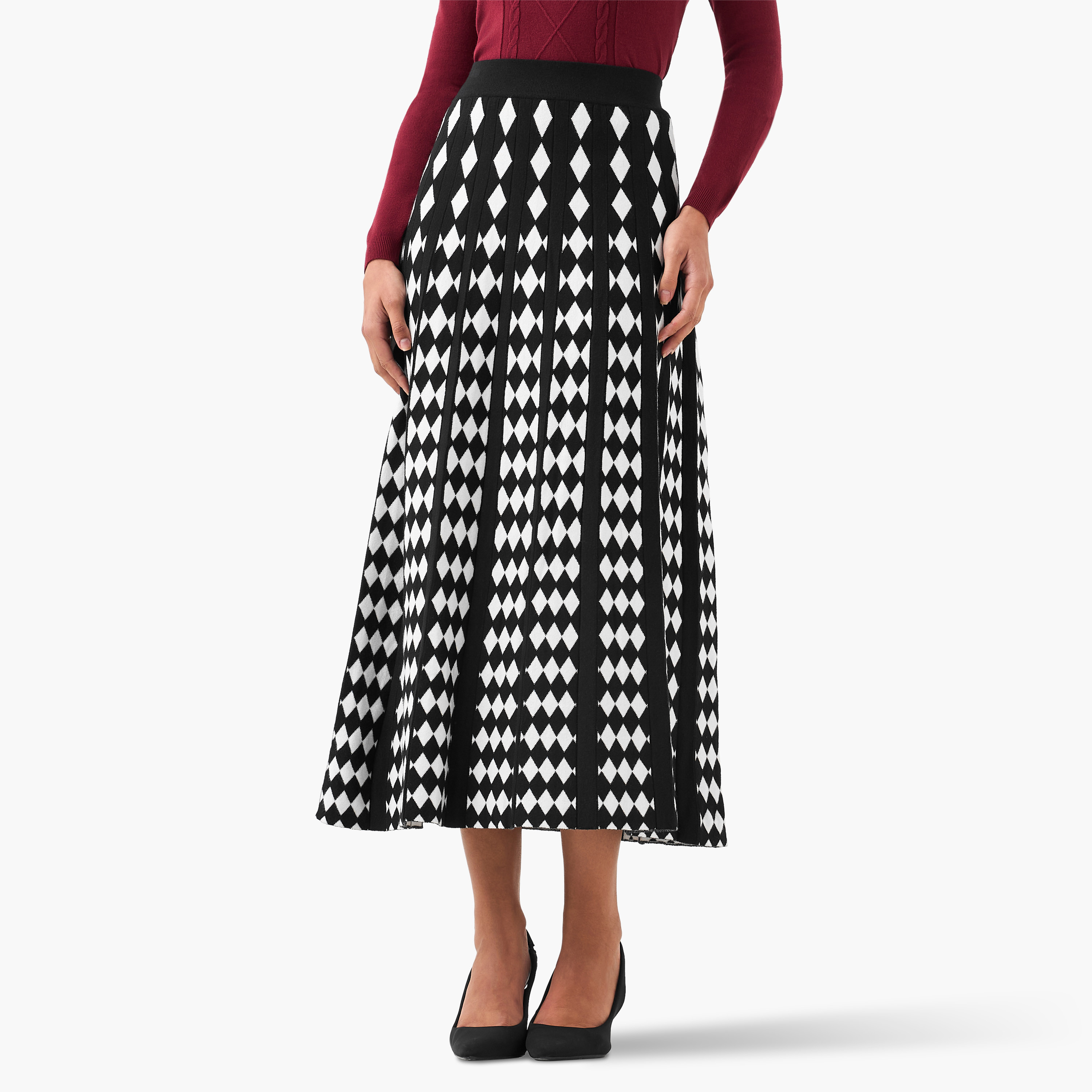 2Xtremz Midi Viscose Blend A-line Skirt with Geometric Texture-women-clothing-bottoms-skirts-image-1