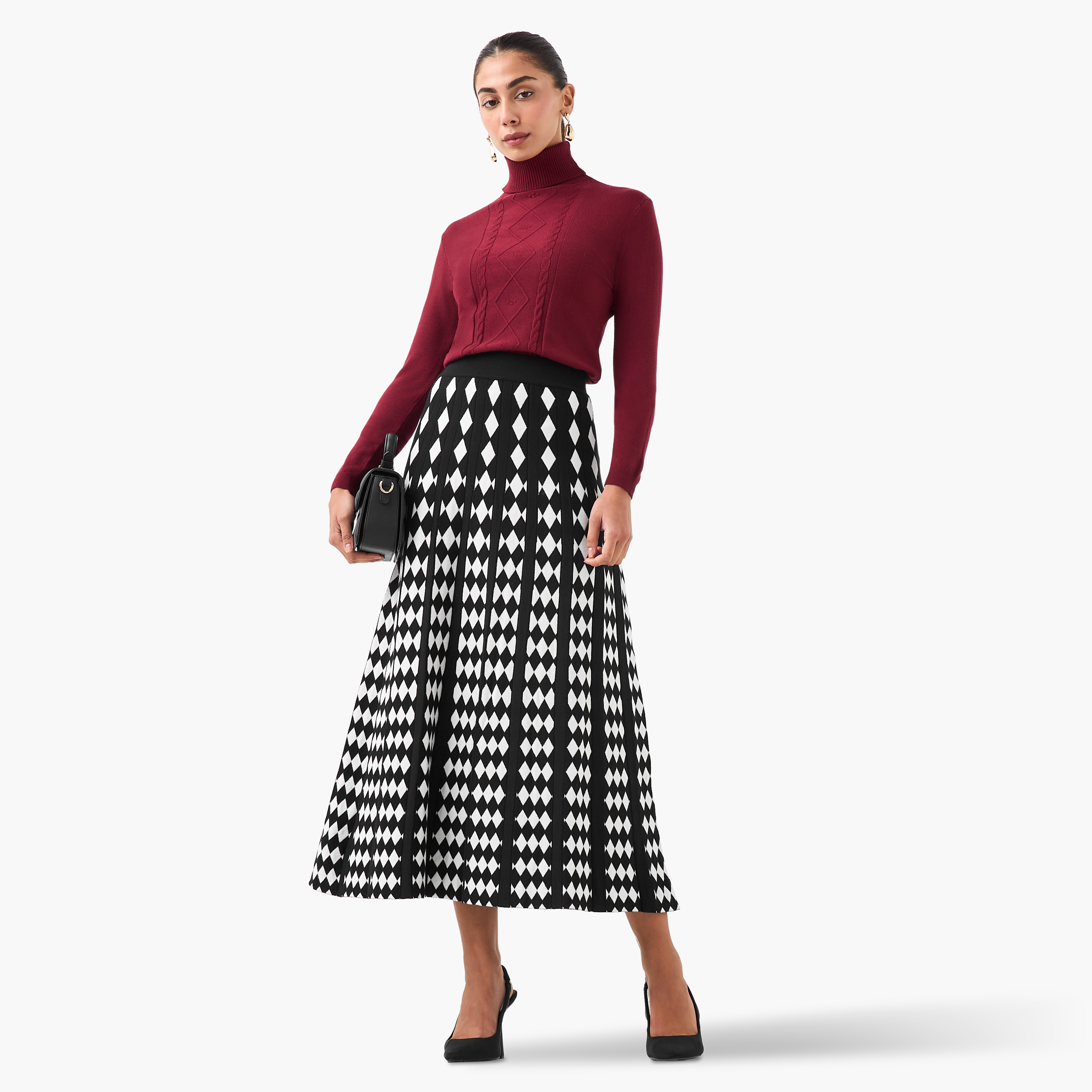2Xtremz Midi Viscose Blend A-line Skirt with Geometric Texture-women-clothing-bottoms-skirts-image-2