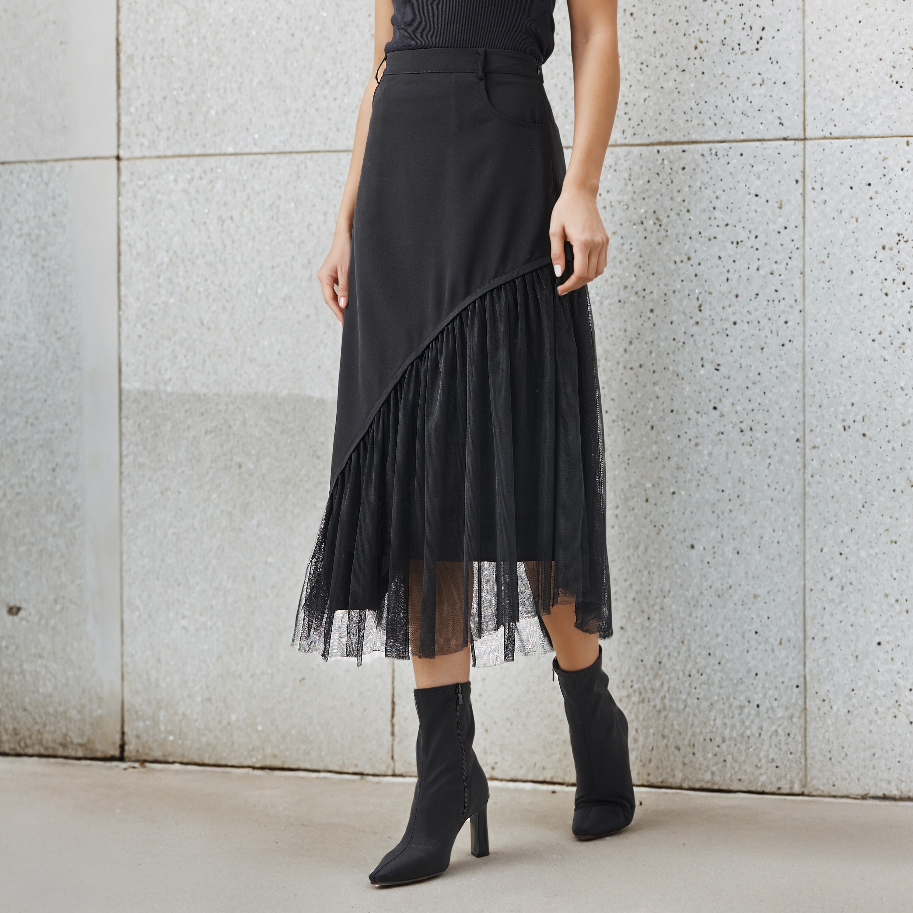 2Xtremz Midi Polyester Mesh Skirt with Asymmetrical Hemline-women-clothing-bottoms-skirts-image-1