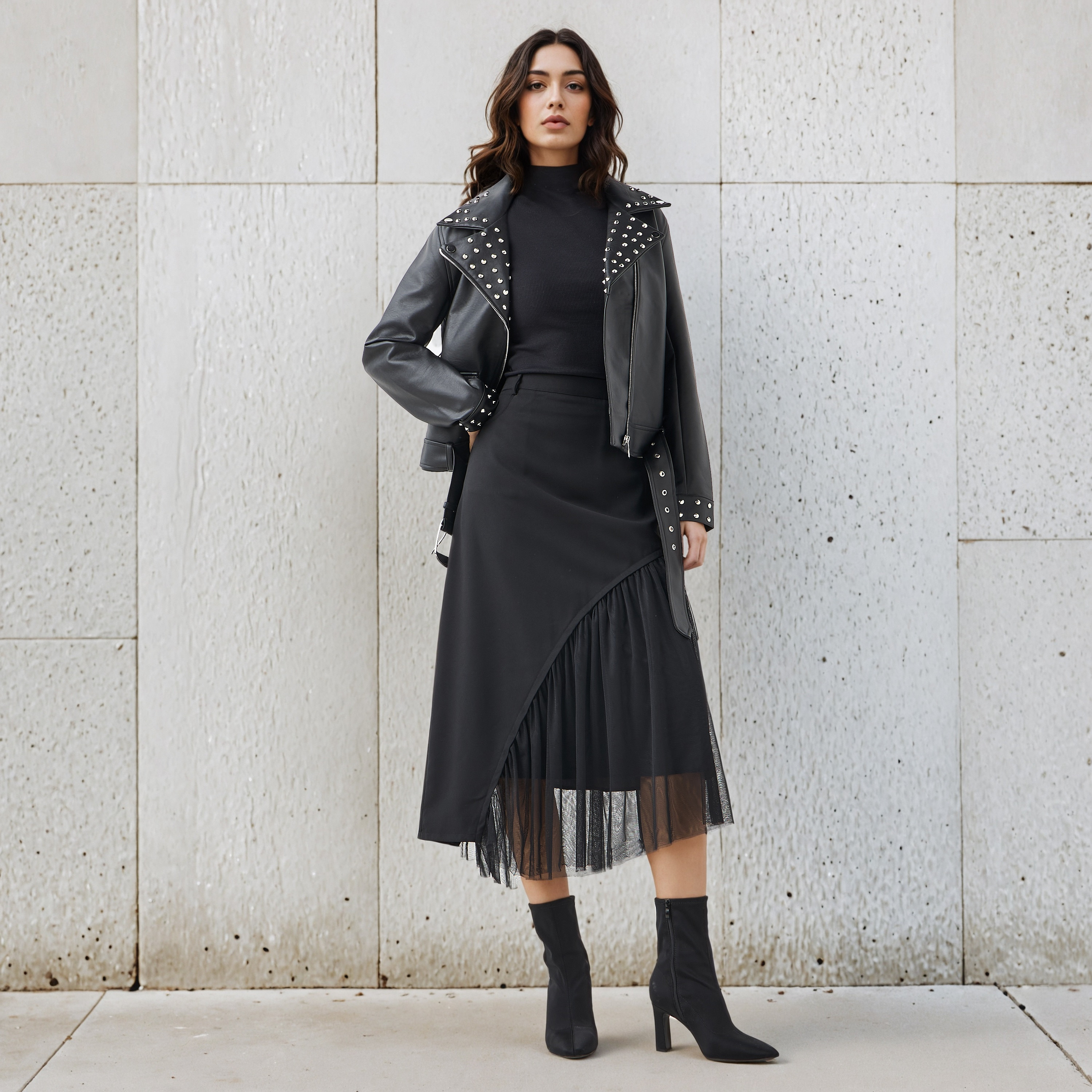 2Xtremz Midi Polyester Mesh Skirt with Asymmetrical Hemline-women-clothing-bottoms-skirts-image-2