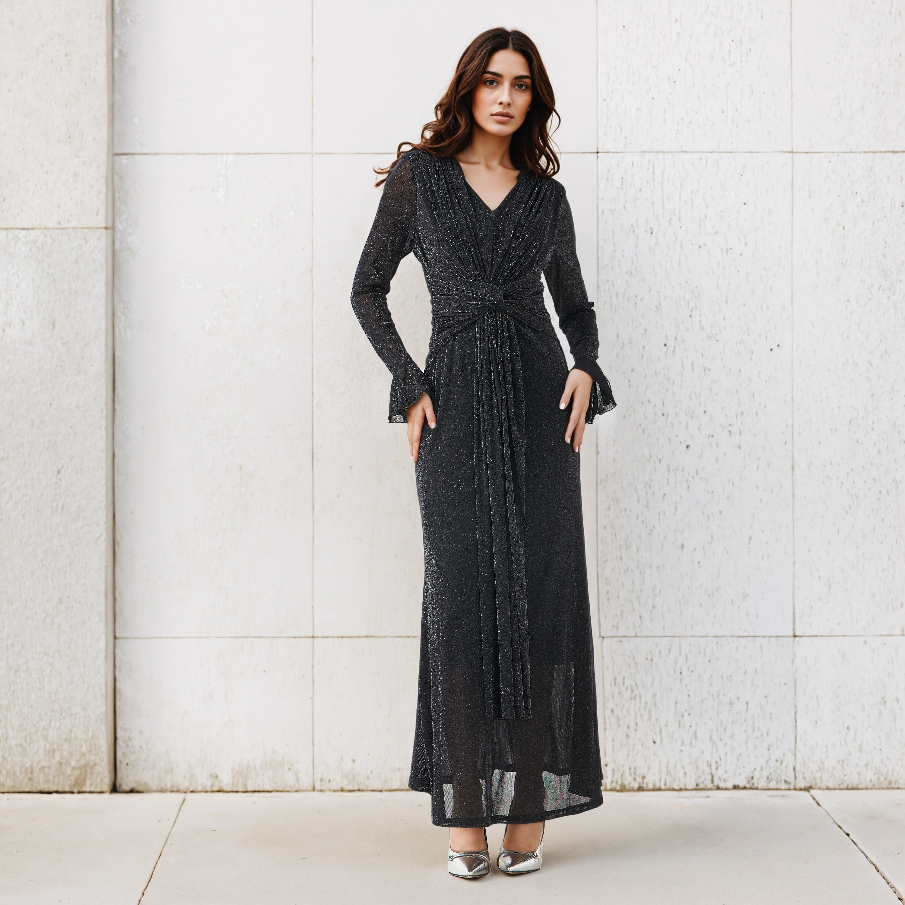 Lurex Accent 2Xtremz Maxi Nylon Blend Dress with Bell Sleeves-women-clothing-dresses-image-1
