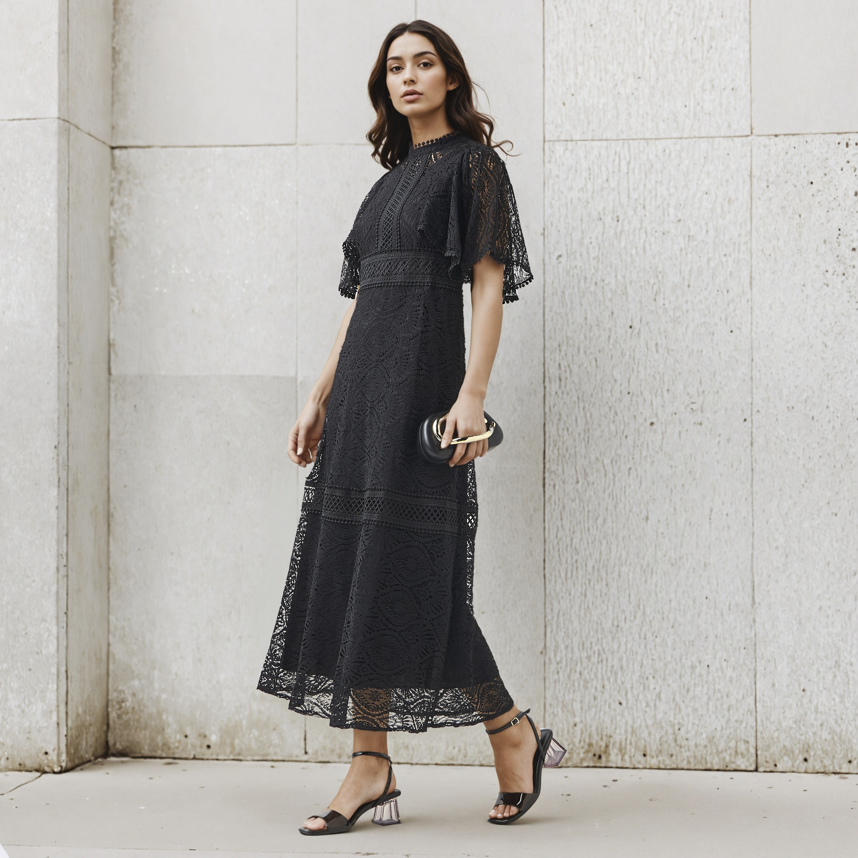 Lace Accent 2Xtremz A-line Midi Polyester Dress with Flutter Sleeves-women-clothing-dresses-image-1