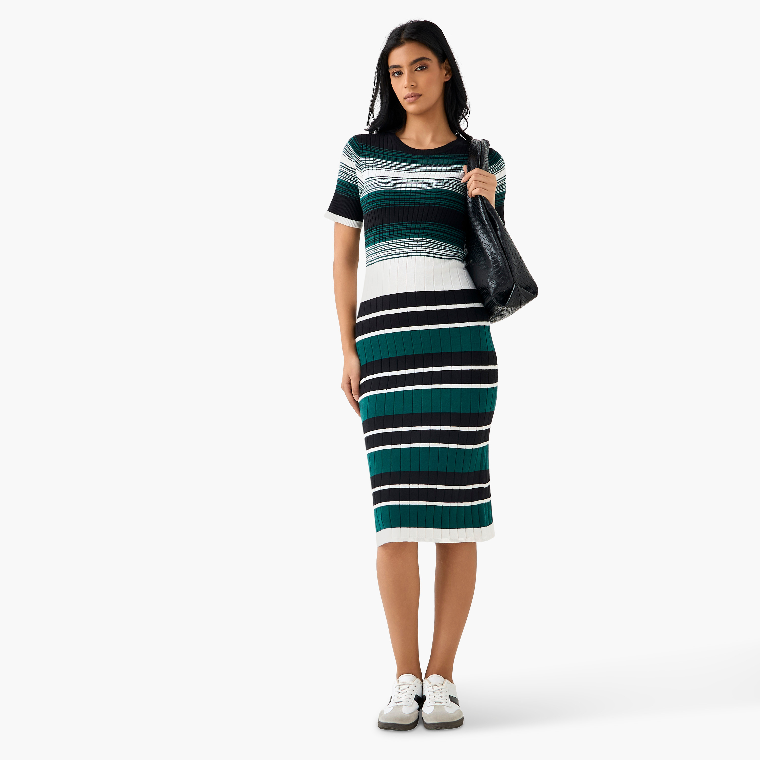 2Xtremz Bodycon Midi Length Viscose Blend Dress with Stripes-women-clothing-dresses-image-2
