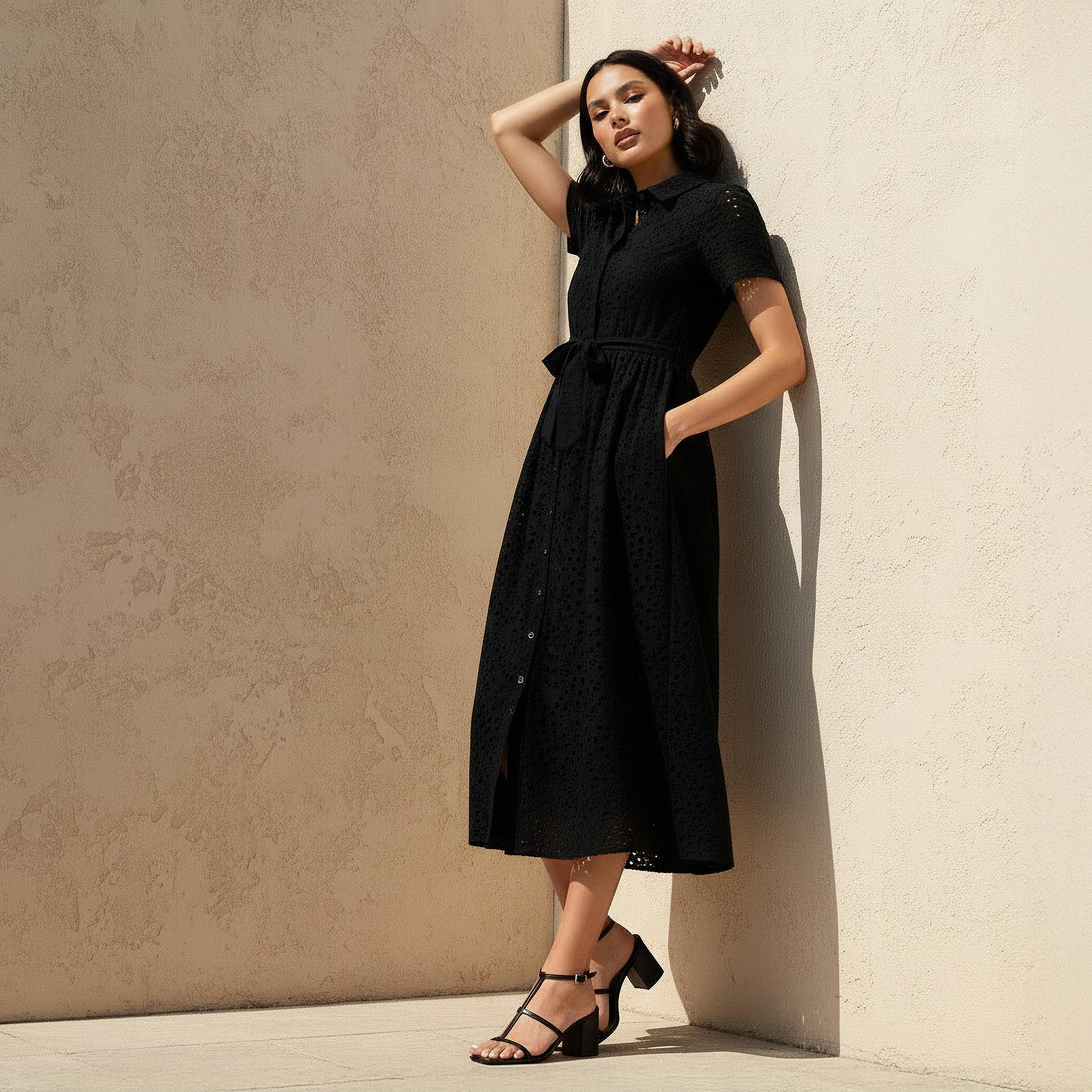 2Xtremz Belted Midi Cotton Shirt Dress with Schiffli Embroidery-women-clothing-dresses-image-1