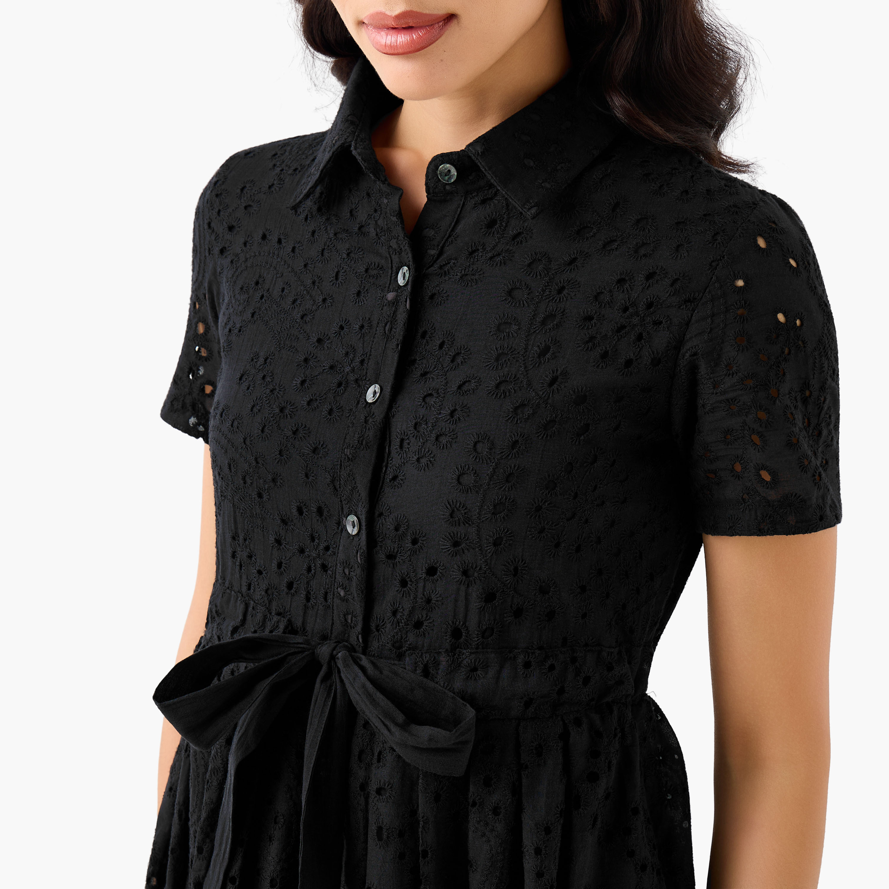 2Xtremz Belted Midi Cotton Shirt Dress with Schiffli Embroidery-women-clothing-dresses-image-2