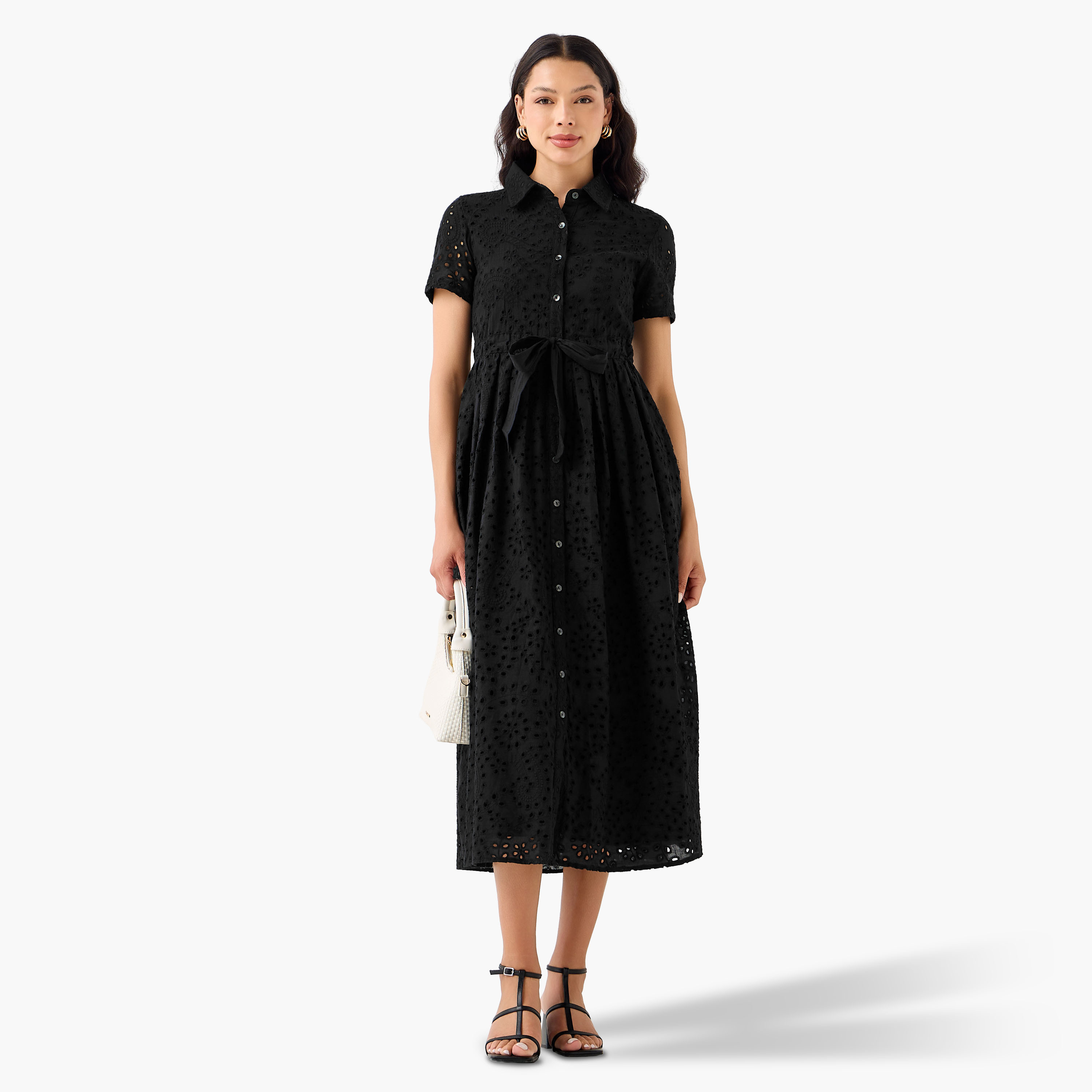 2Xtremz Belted Midi Cotton Shirt Dress with Schiffli Embroidery-women-clothing-dresses-image-3