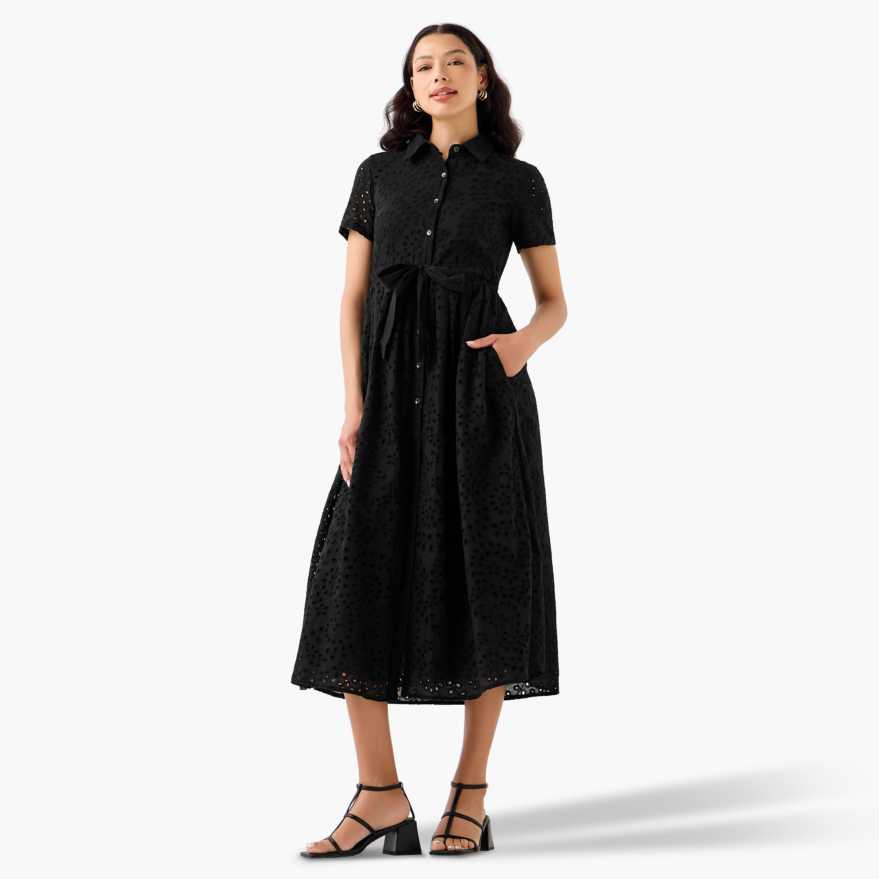 2Xtremz Belted Midi Cotton Shirt Dress with Schiffli Embroidery-women-clothing-dresses-image-4