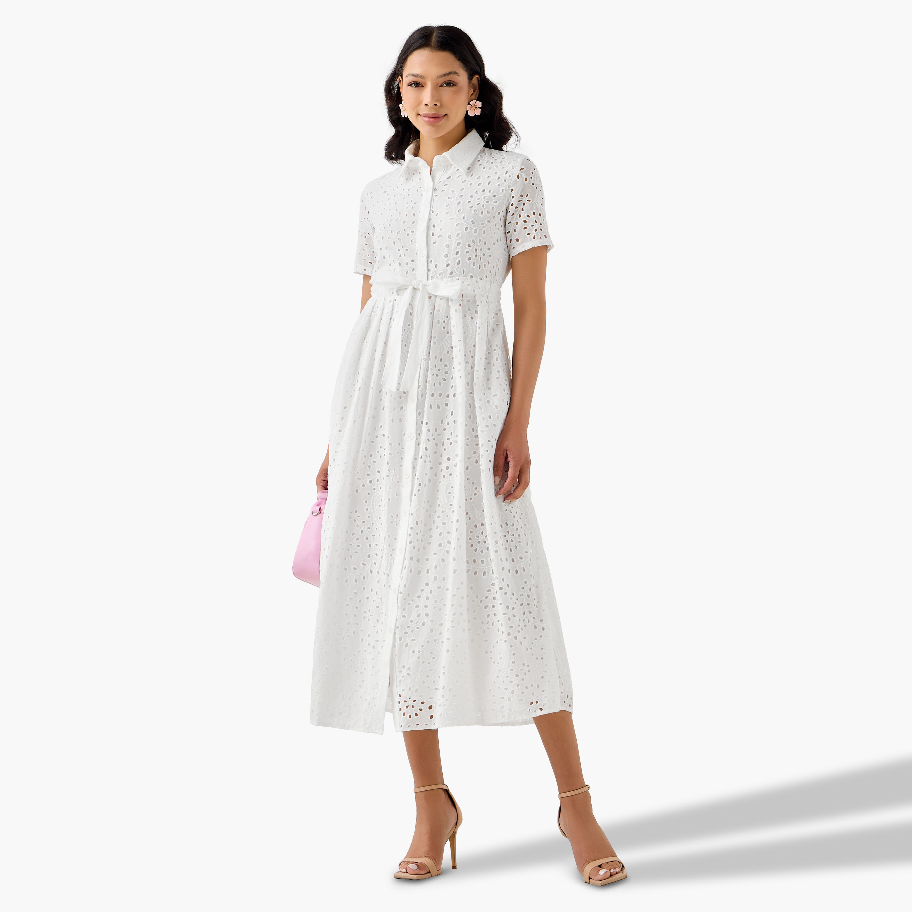 2Xtremz Belted Midi Cotton Shirt Dress with Schiffli Embroidery-women-clothing-dresses-image-3