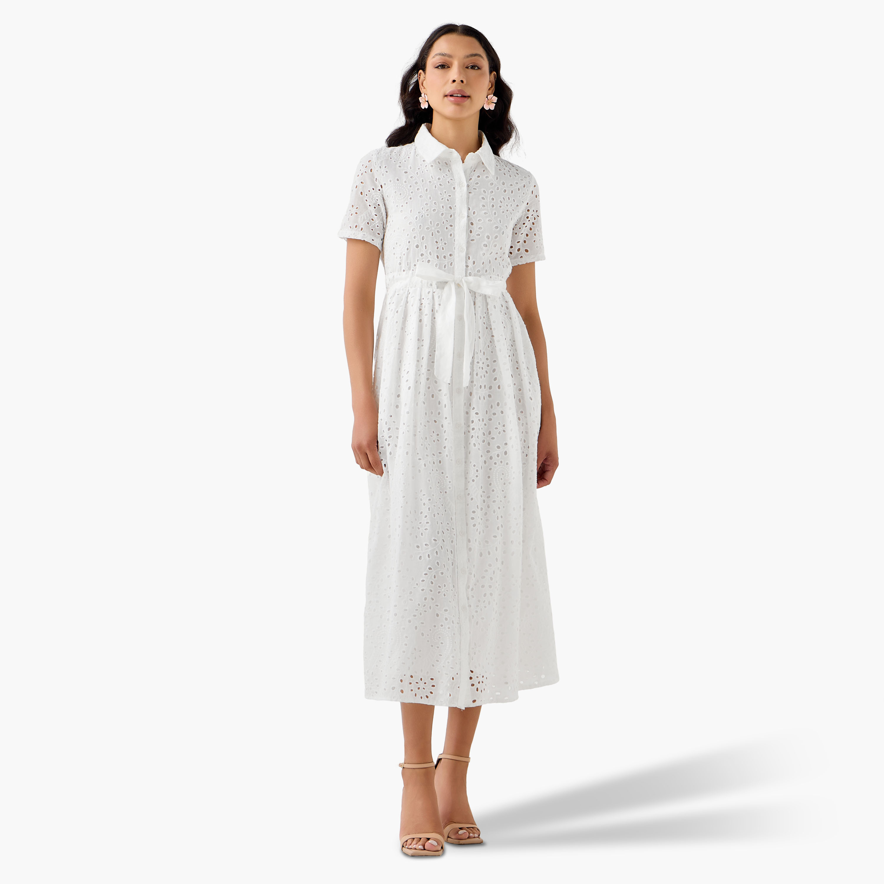 2Xtremz Belted Midi Cotton Shirt Dress with Schiffli Embroidery-women-clothing-dresses-image-4