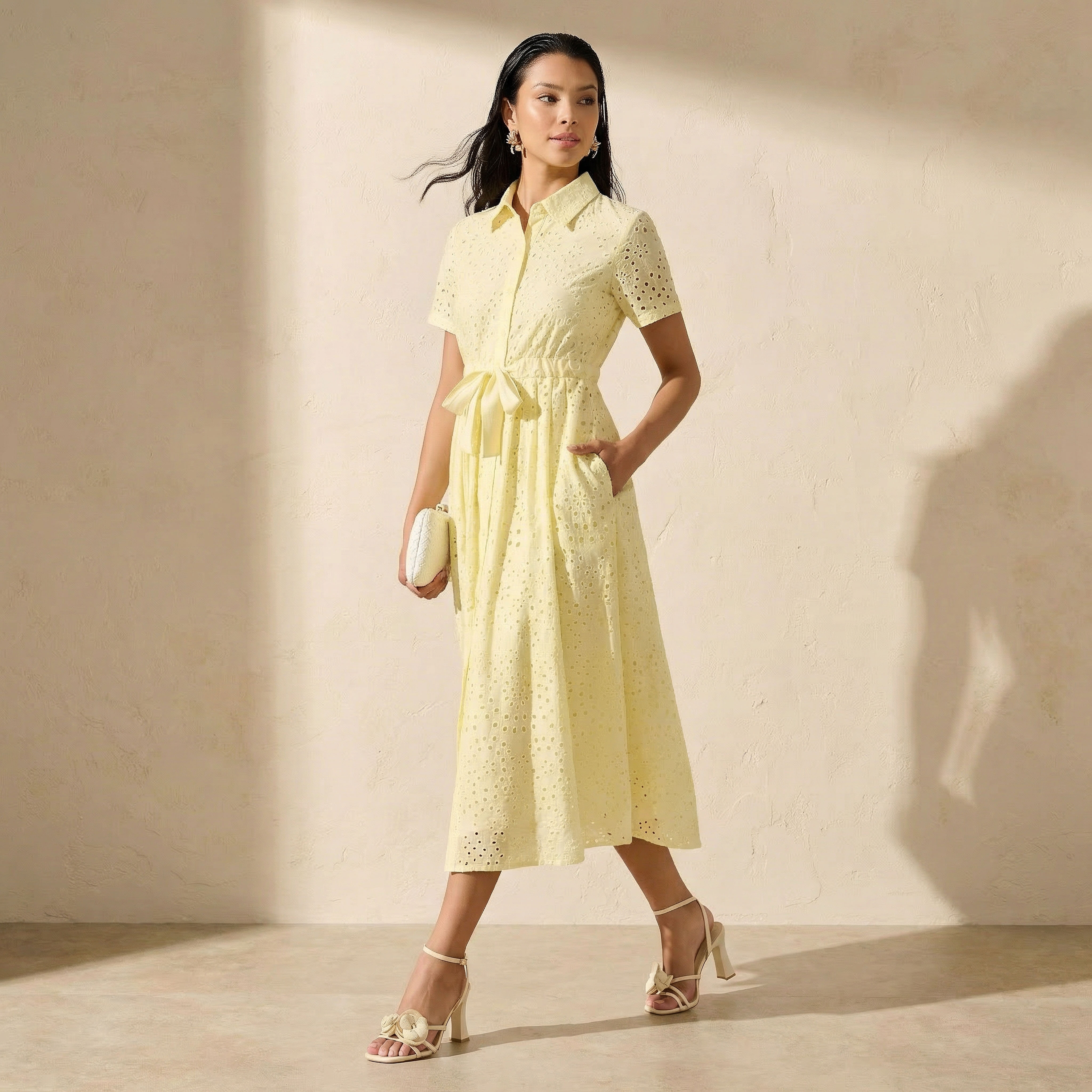2Xtremz Belted Midi Cotton Shirt Dress with Schiffli Embroidery-women-clothing-dresses-image-1