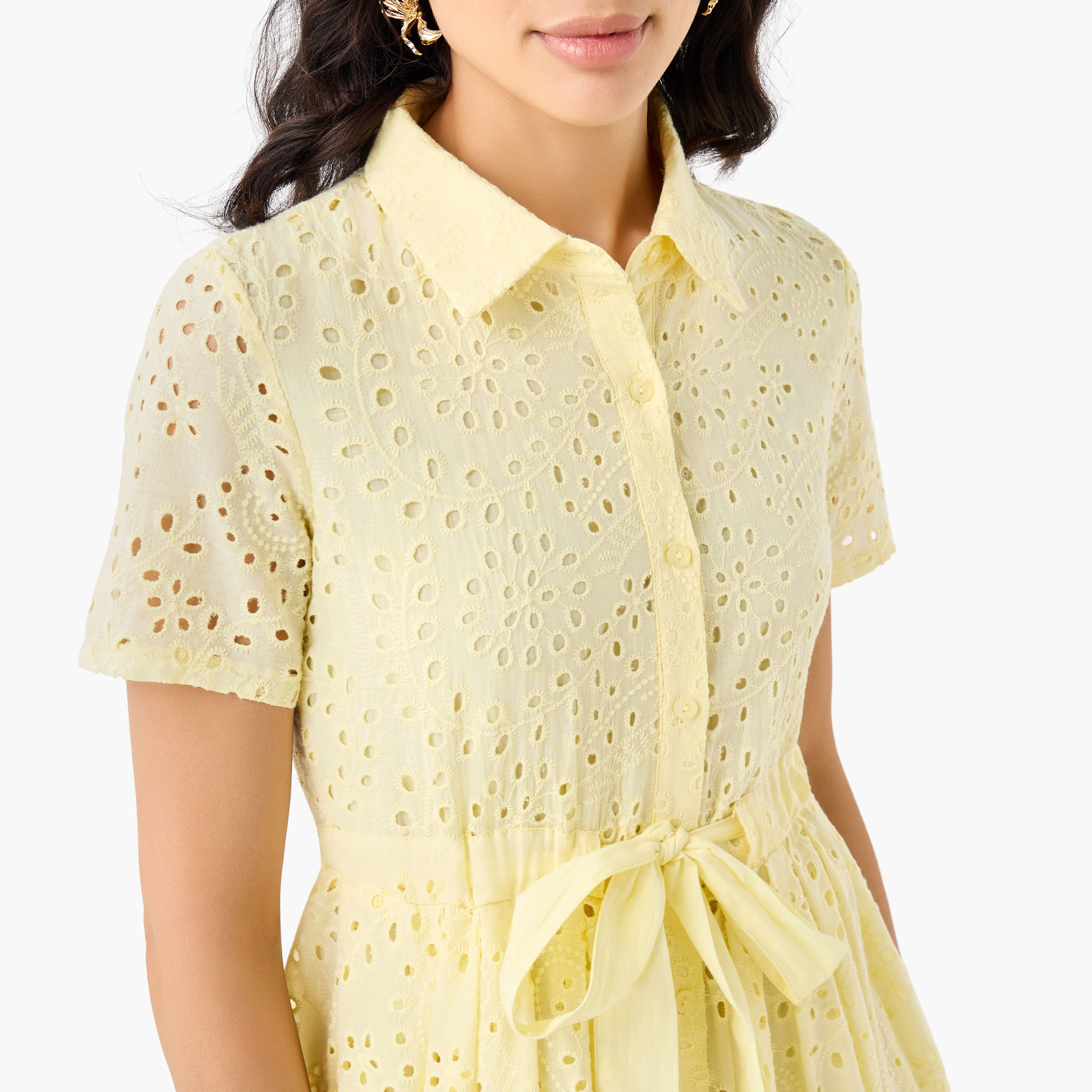 2Xtremz Belted Midi Cotton Shirt Dress with Schiffli Embroidery-women-clothing-dresses-image-2