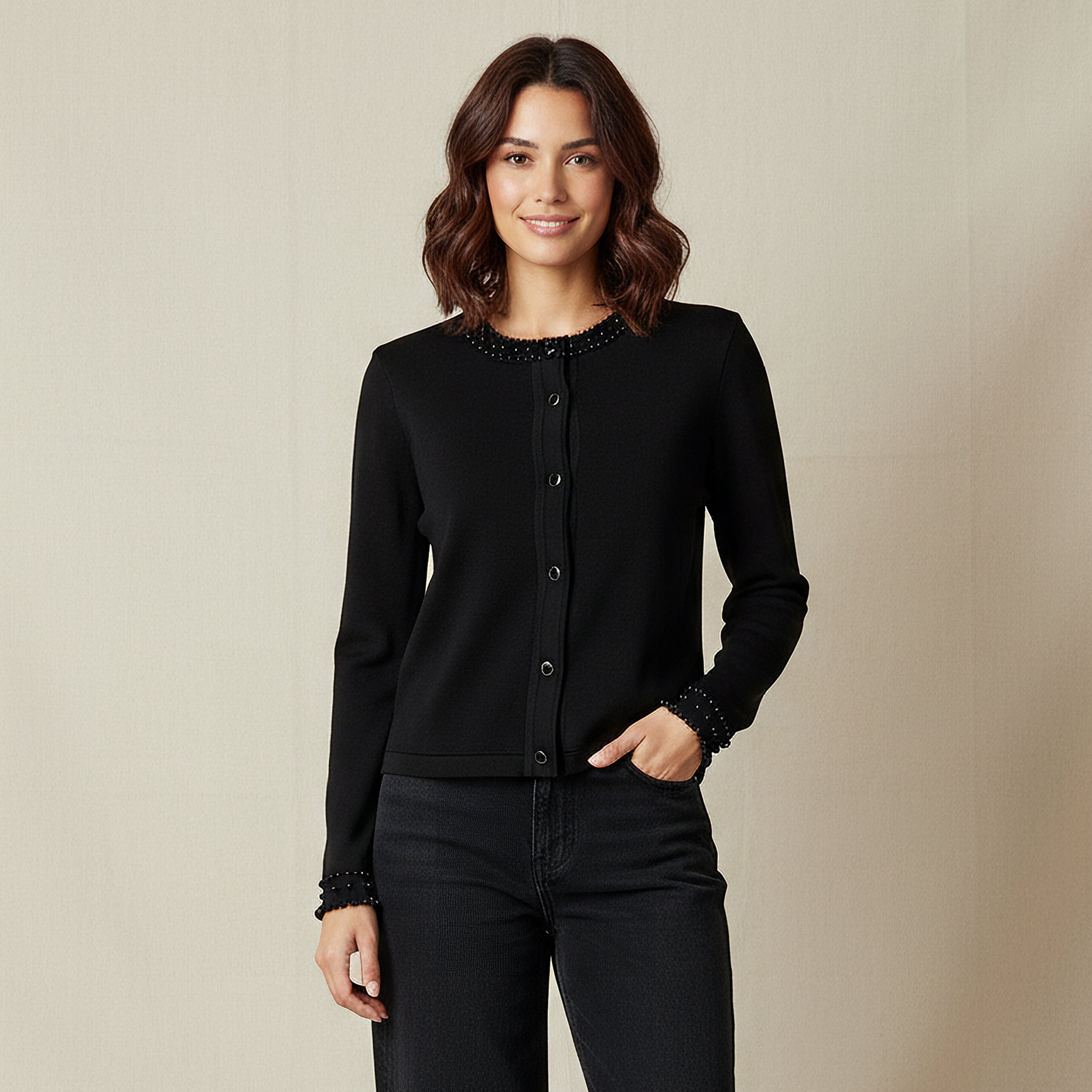 2Xtremz Pearl Embellished Round Neck Cardigan-women-winterwear-cardigansandjumpers-cardigans-image-1