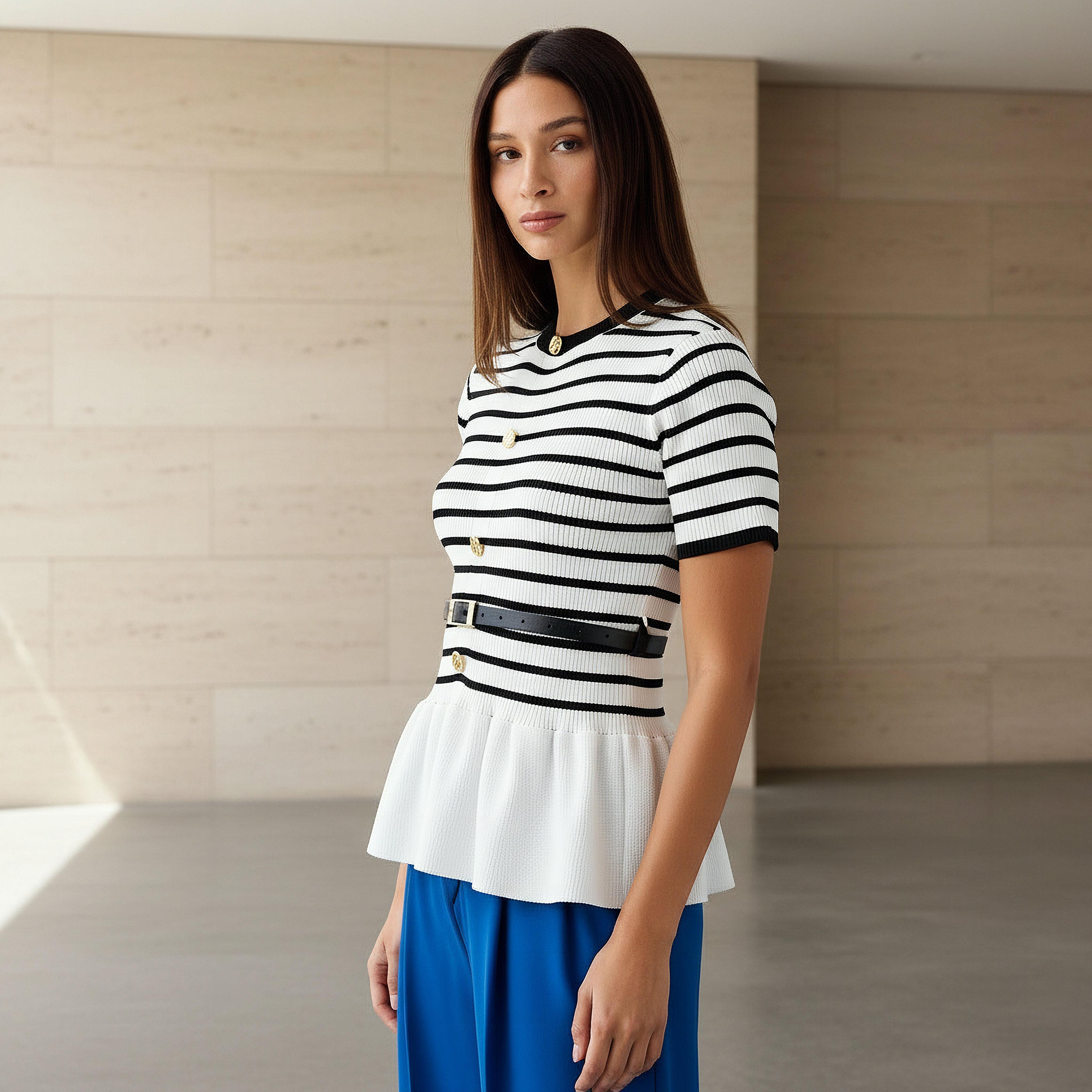 2Xtremz Striped Crew Neck Peplum Top With Belt-women-clothing-shirtsandblouses-blouses-image-1