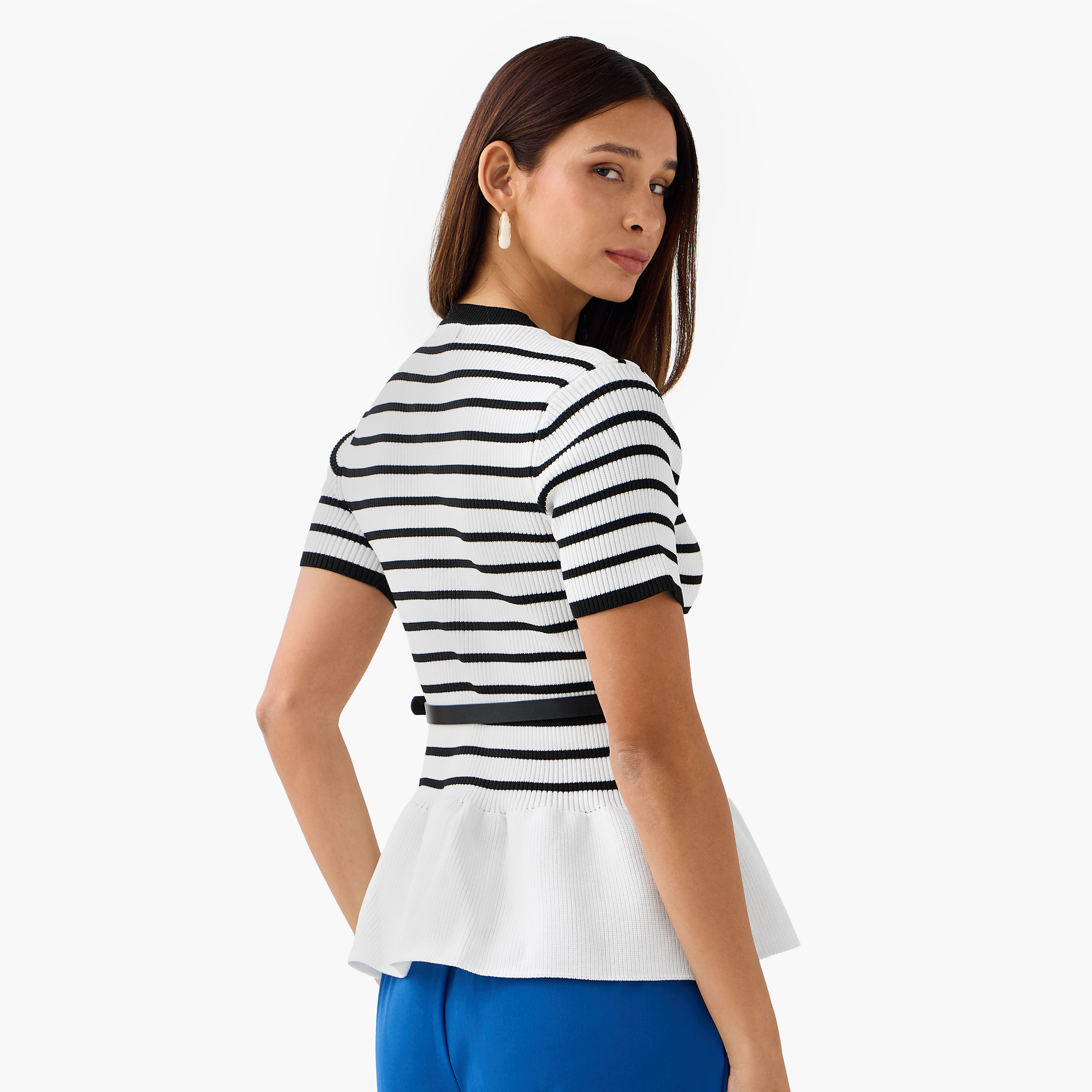 2Xtremz Striped Crew Neck Peplum Top With Belt-women-clothing-shirtsandblouses-blouses-image-3