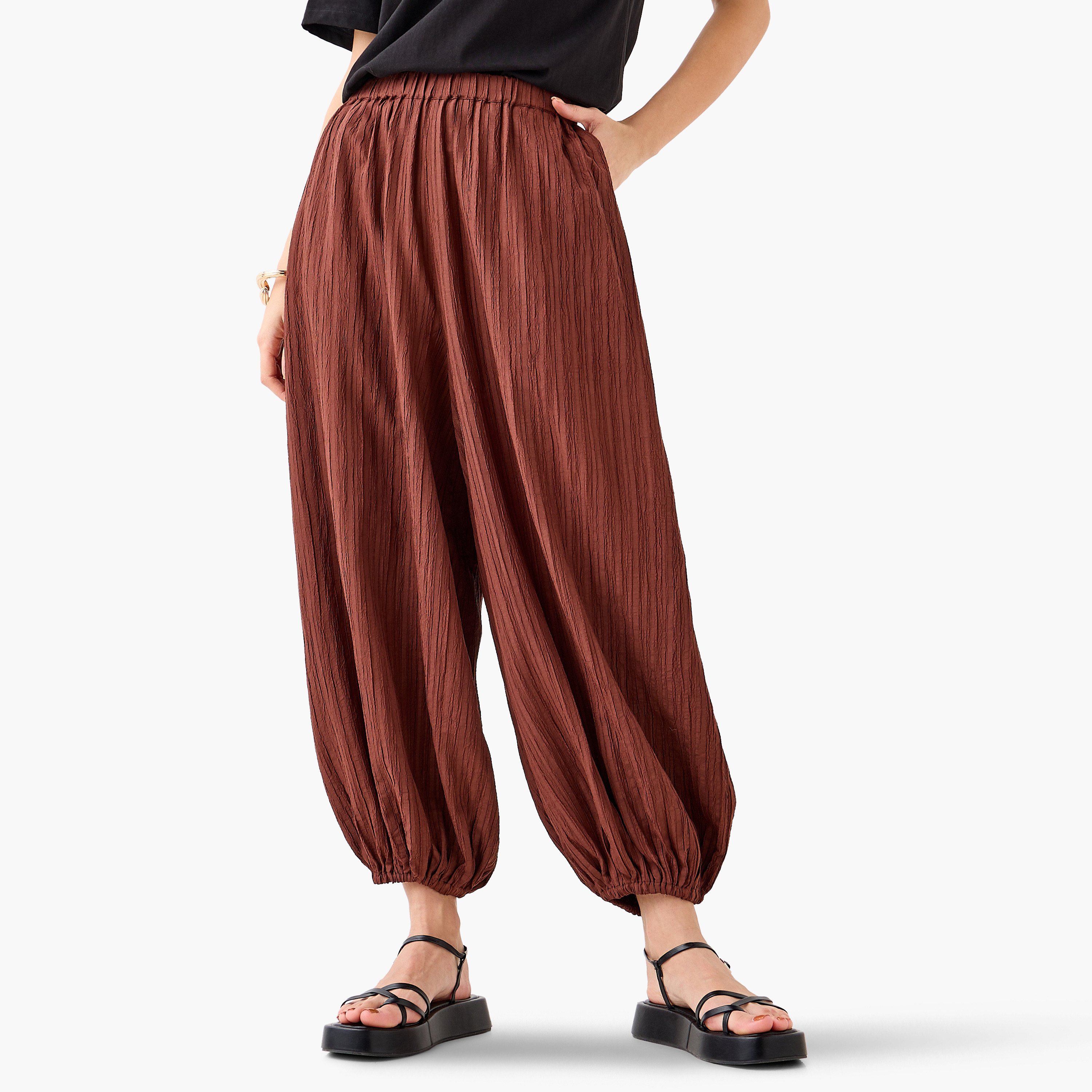2Xtremz Relaxed Fit Mid-Rise Textured Cotton Harem Pants-women-clothing-bottoms-trousers-image-2