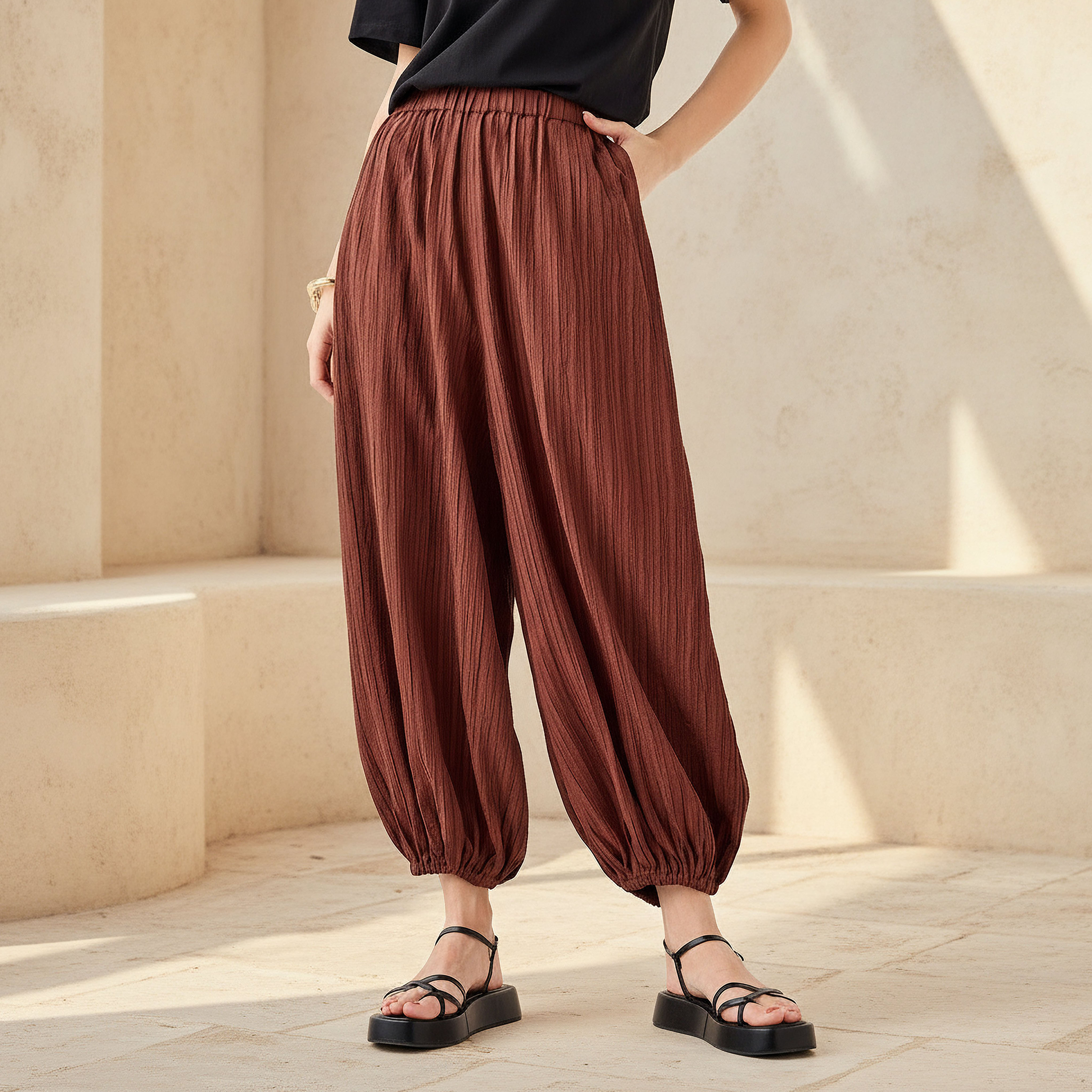 2Xtremz Relaxed Fit Mid-Rise Textured Cotton Harem Pants-women-clothing-bottoms-trousers-image-1