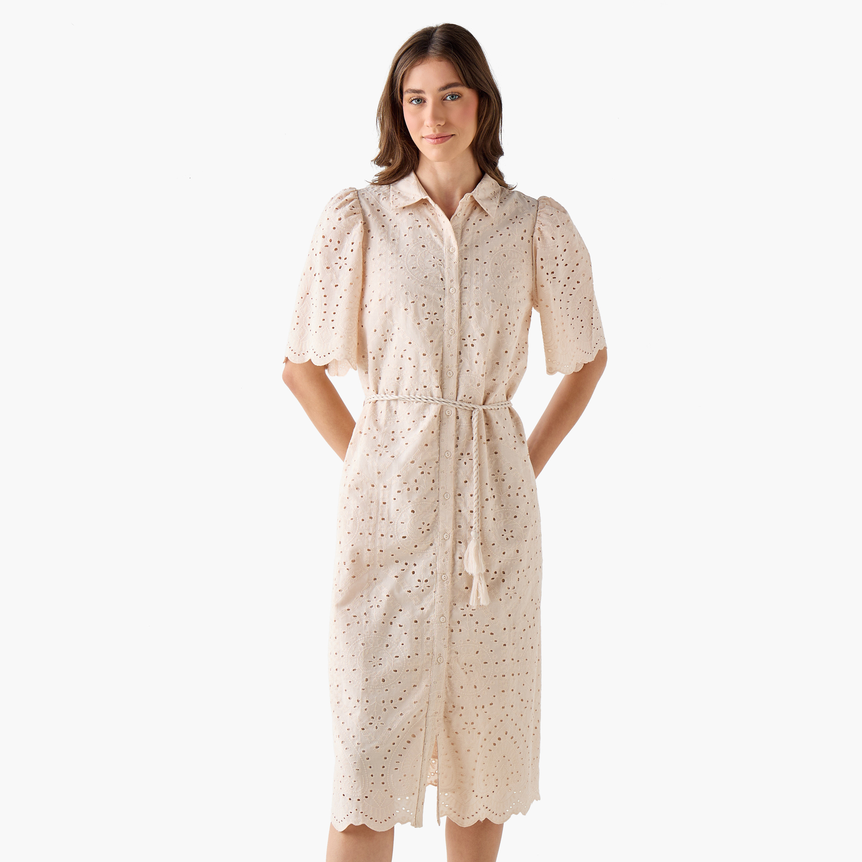 2Xtremz Schiffili Embroidered Women Shirt Dress with Tie-Up Belt Cotton-women-clothing-dresses-image-4