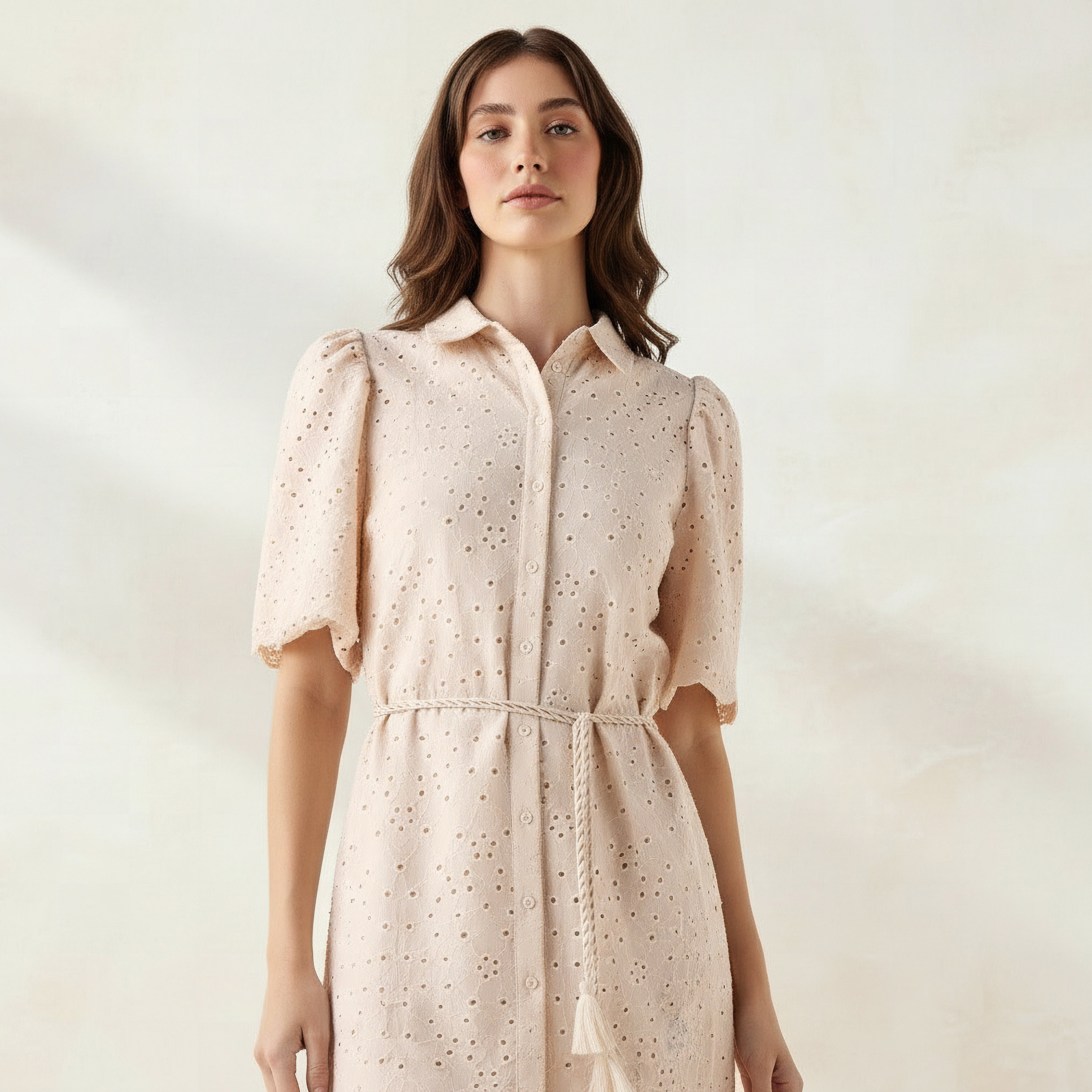 2Xtremz Schiffili Embroidered Women Shirt Dress with Tie-Up Belt Cotton-women-clothing-dresses-image-3