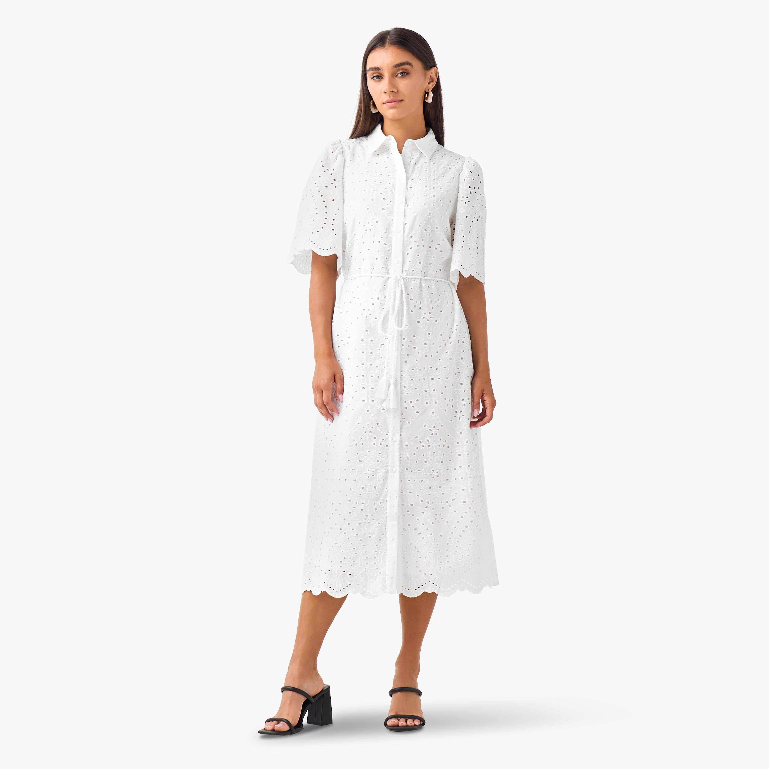 2Xtremz Schiffili Embroidered Women Shirt Dress with Tie-Up Belt Cotton-women-clothing-dresses-image-4