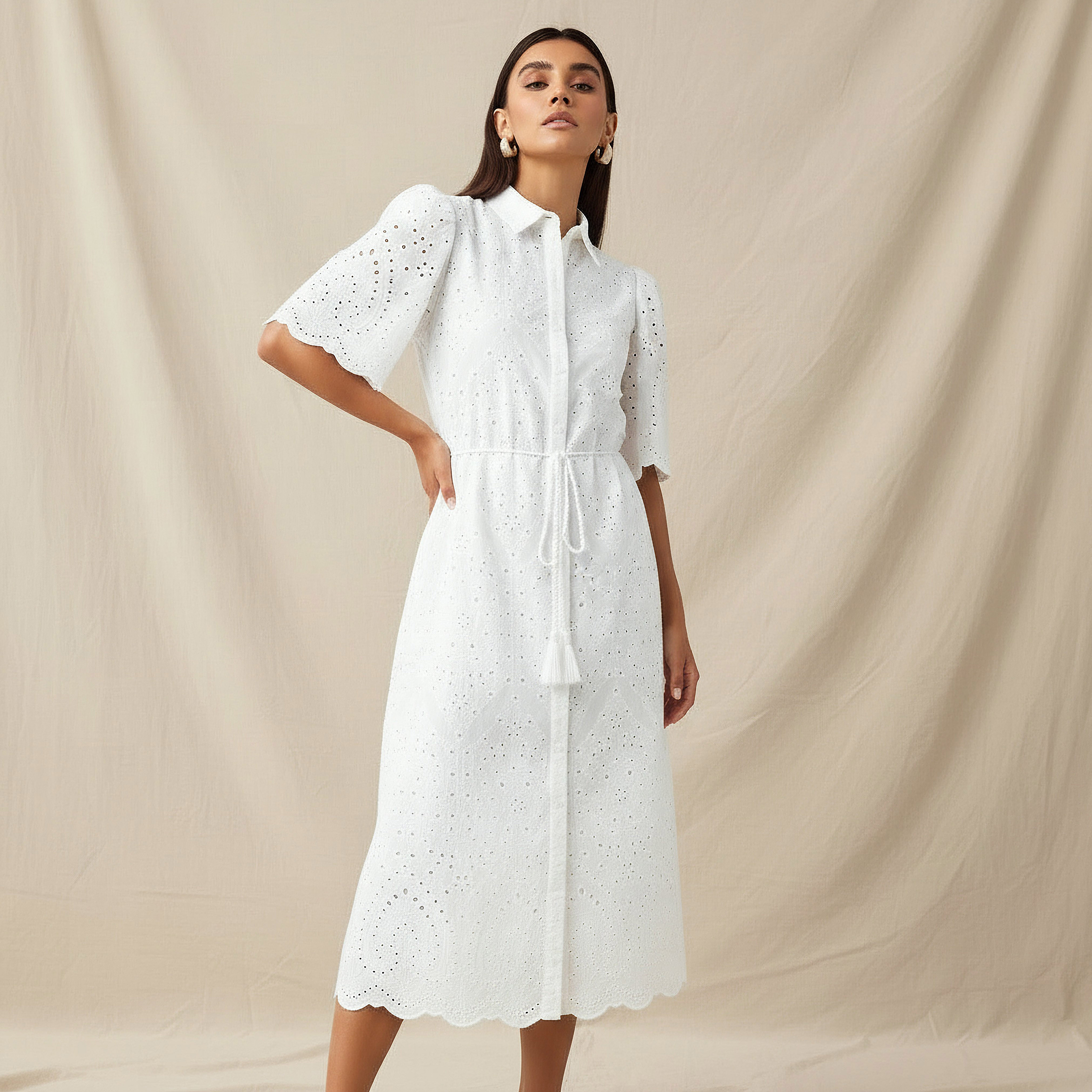 2Xtremz Schiffili Embroidered Women Shirt Dress with Tie-Up Belt Cotton-women-clothing-dresses-image-1