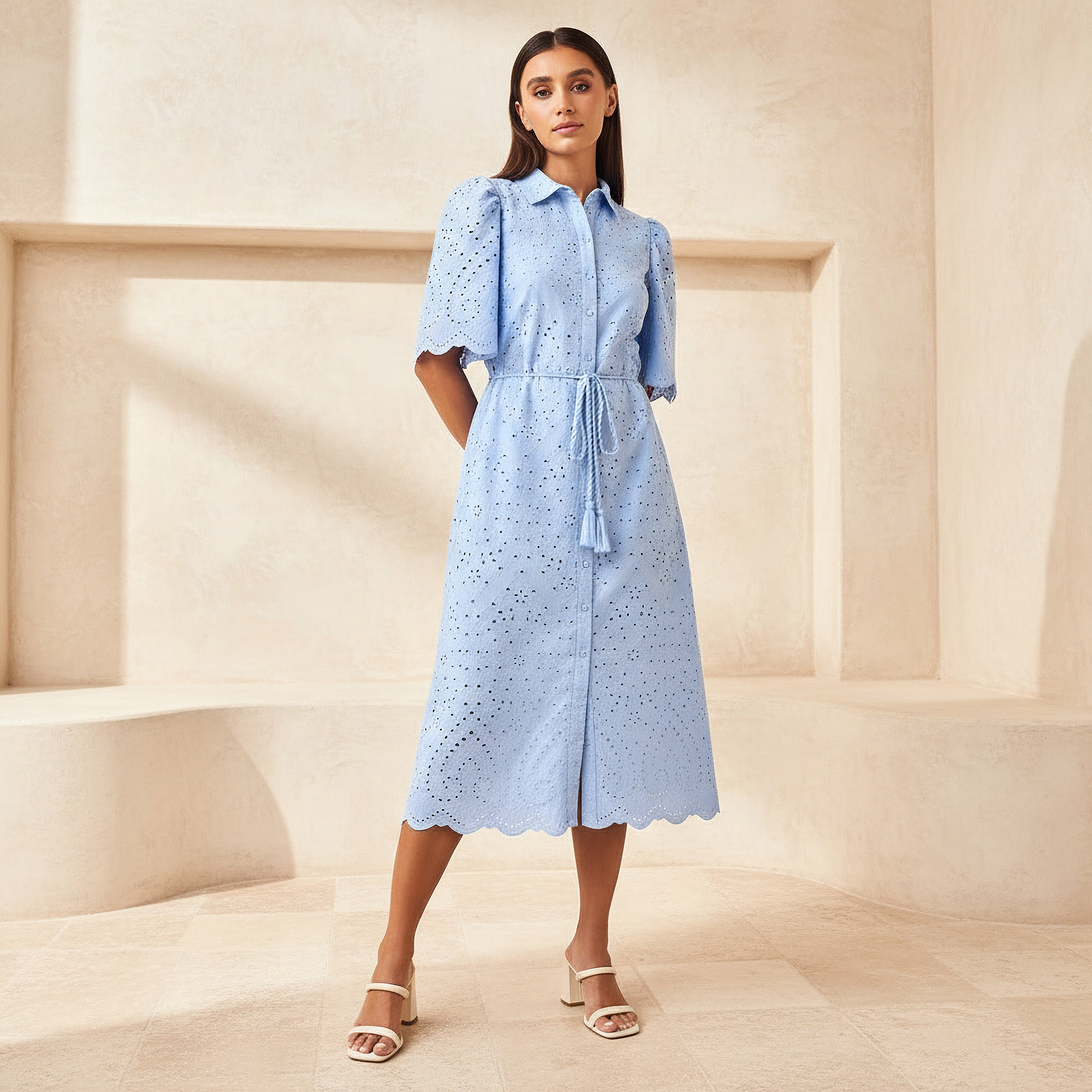 2Xtremz Schiffili Embroidered Women Shirt Dress with Tie-Up Belt Cotton-women-clothing-dresses-image-1