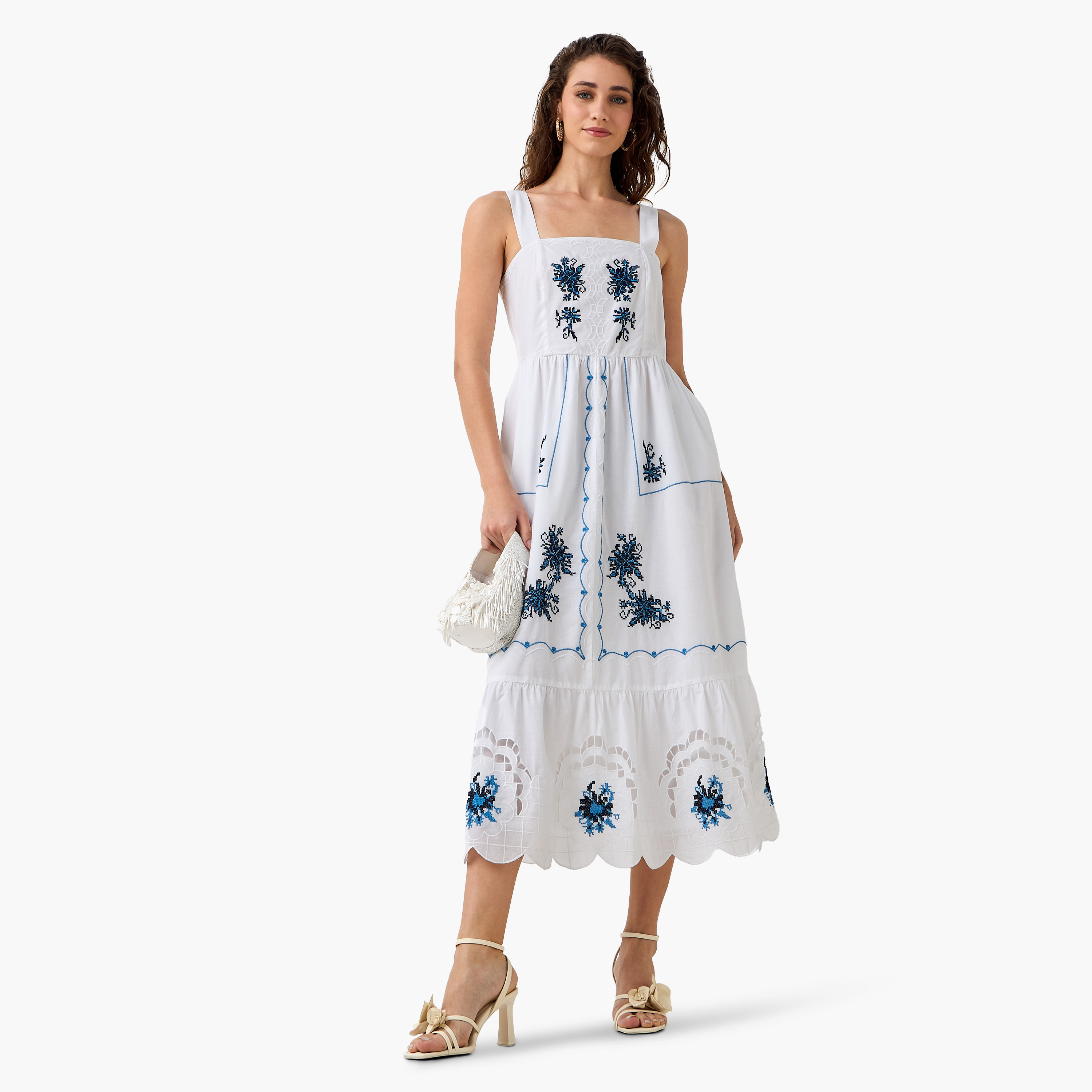 2Xtremz Scalloped A-line Women Dress with Embroidery Cotton-women-clothing-dresses-image-3