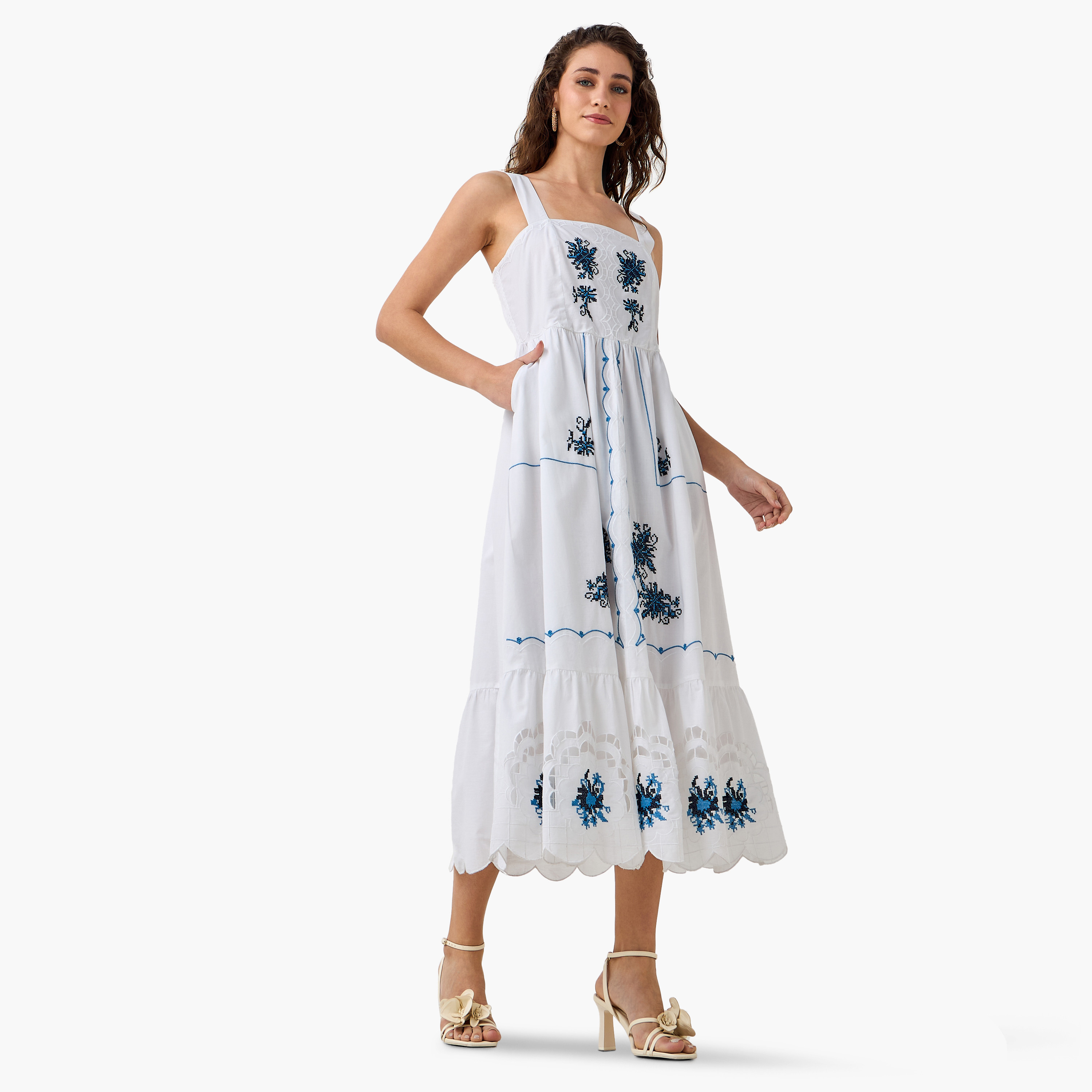 2Xtremz Scalloped A-line Women Dress with Embroidery Cotton-women-clothing-dresses-image-4