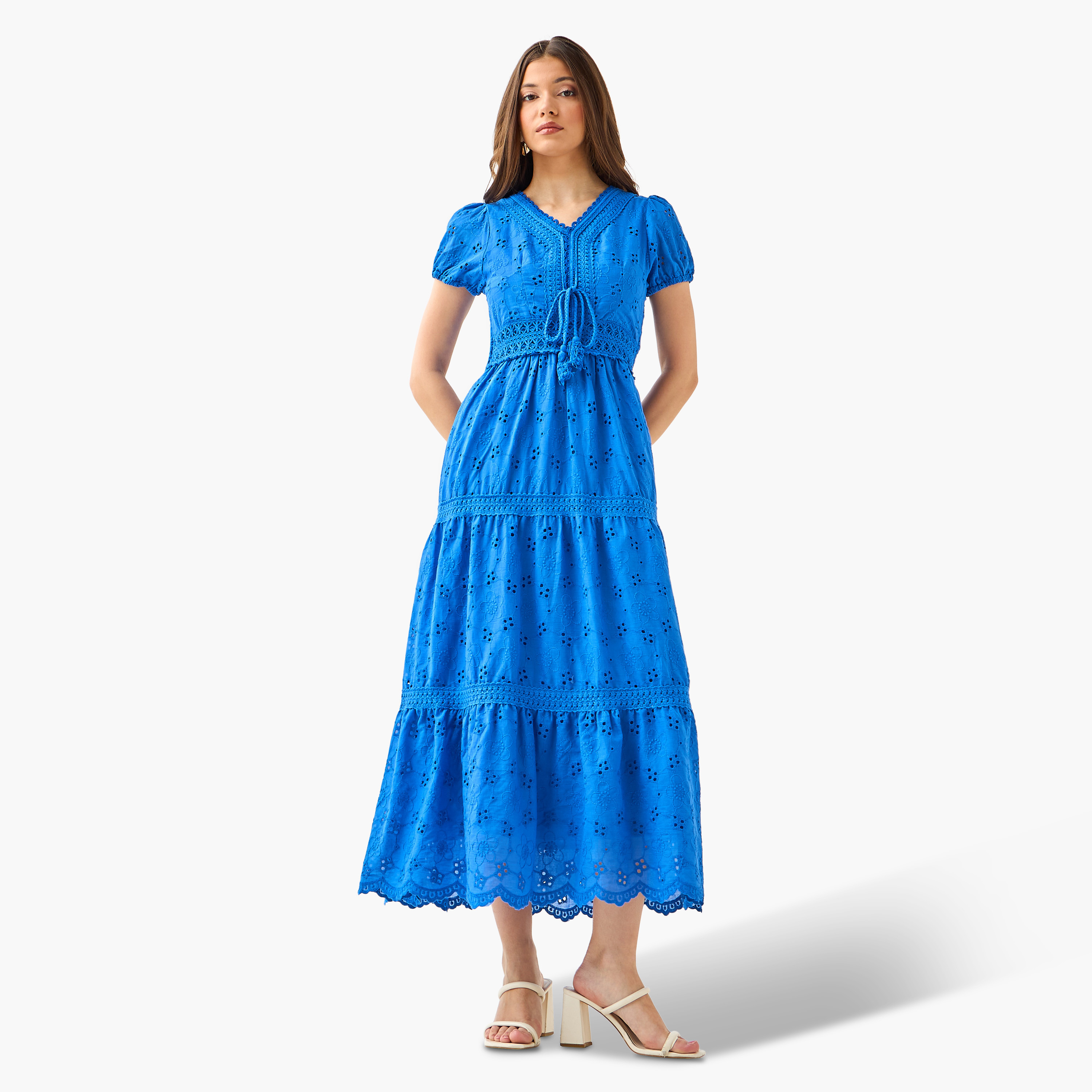 2Xtremz A-line Midi Cotton Tiered Dress with Schiffli Embroidery-women-clothing-dresses-image-3