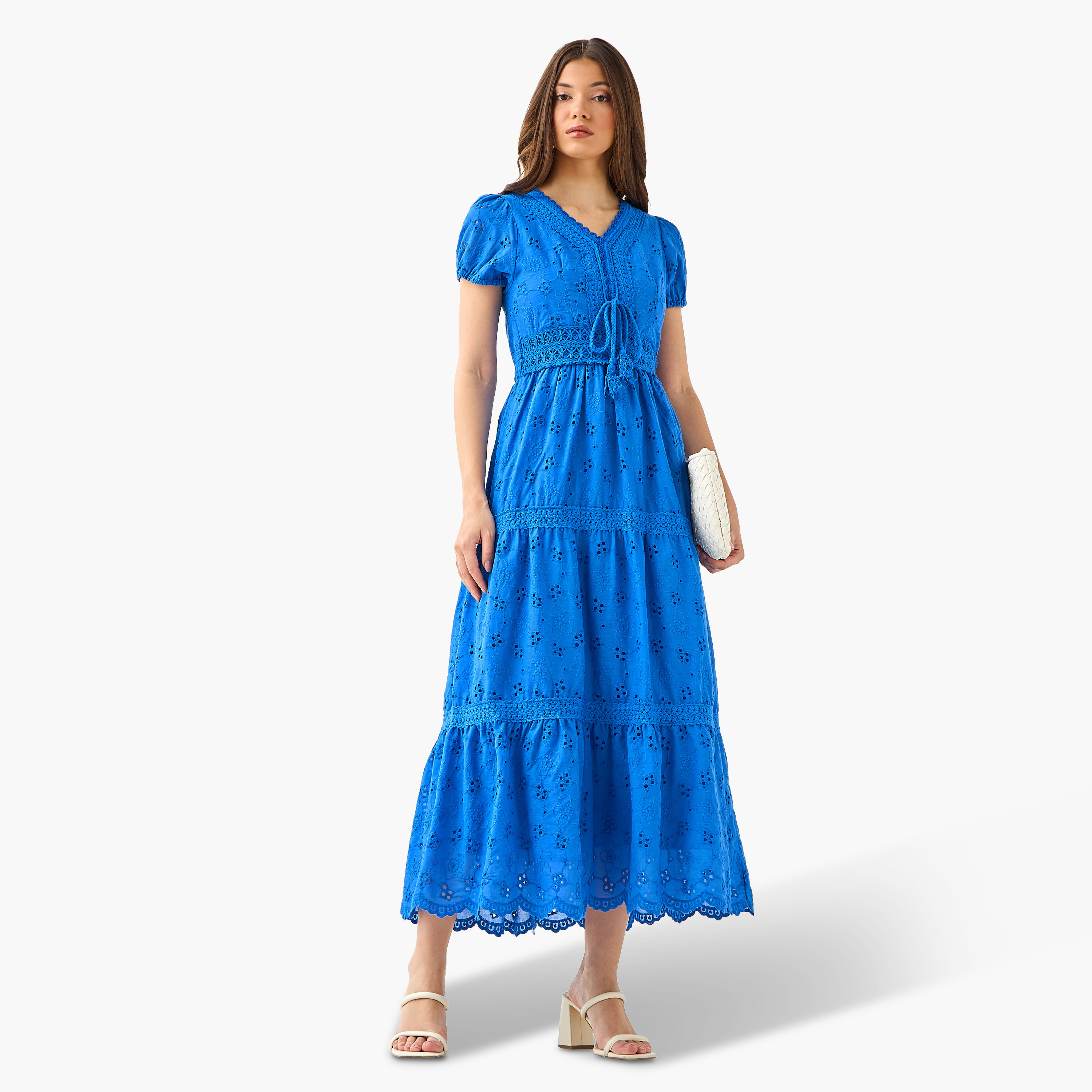 2Xtremz A-line Midi Cotton Tiered Dress with Schiffli Embroidery-women-clothing-dresses-image-4