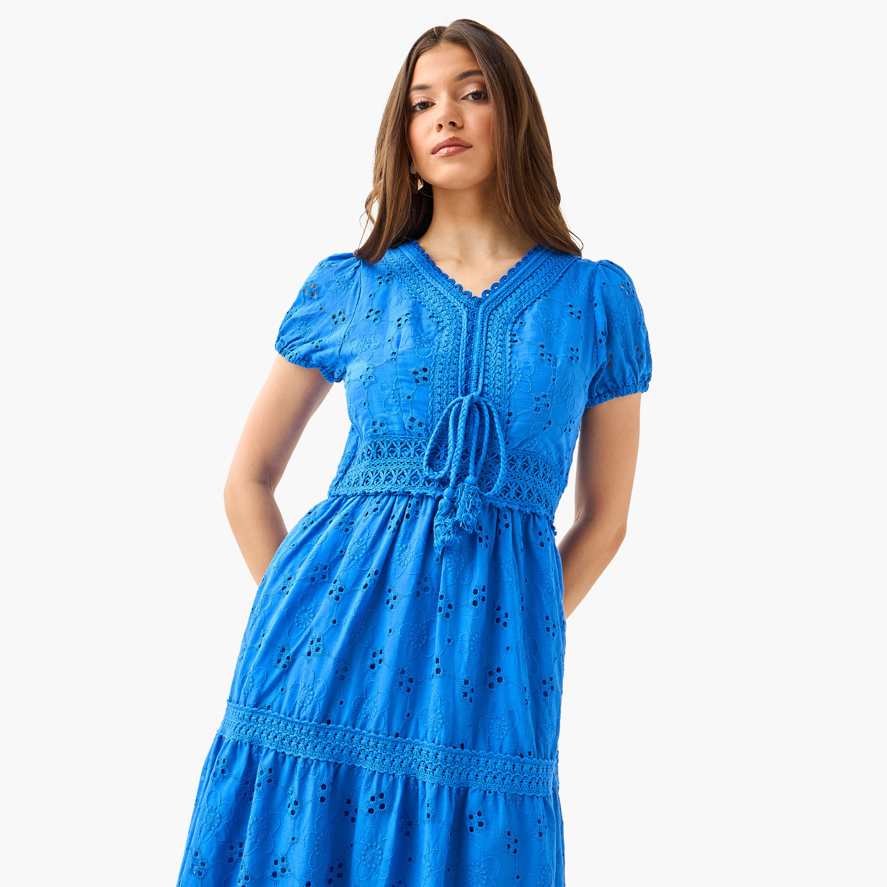 2Xtremz A-line Midi Cotton Tiered Dress with Schiffli Embroidery-women-clothing-dresses-image-6