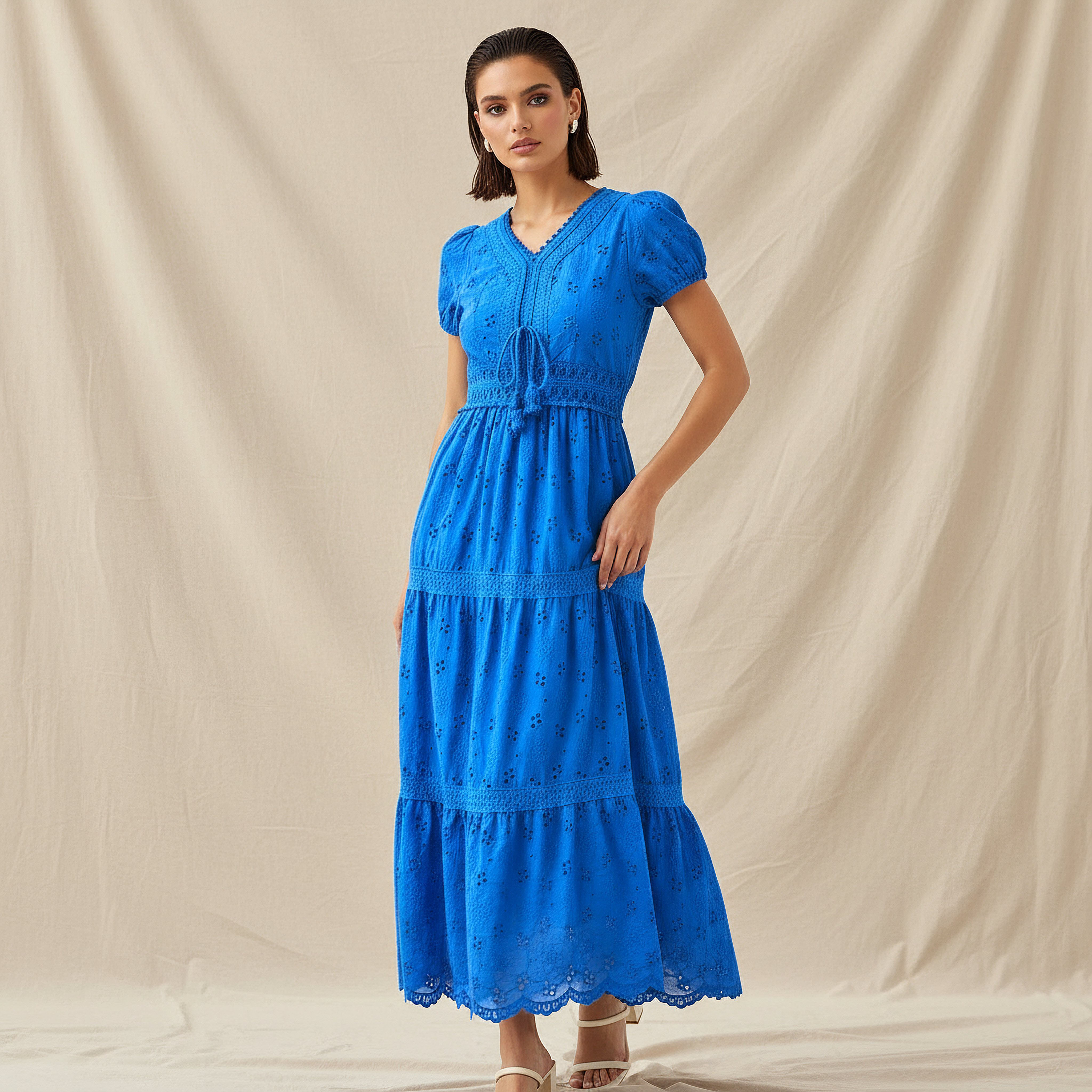 2Xtremz A-line Midi Cotton Tiered Dress with Schiffli Embroidery-women-clothing-dresses-image-1