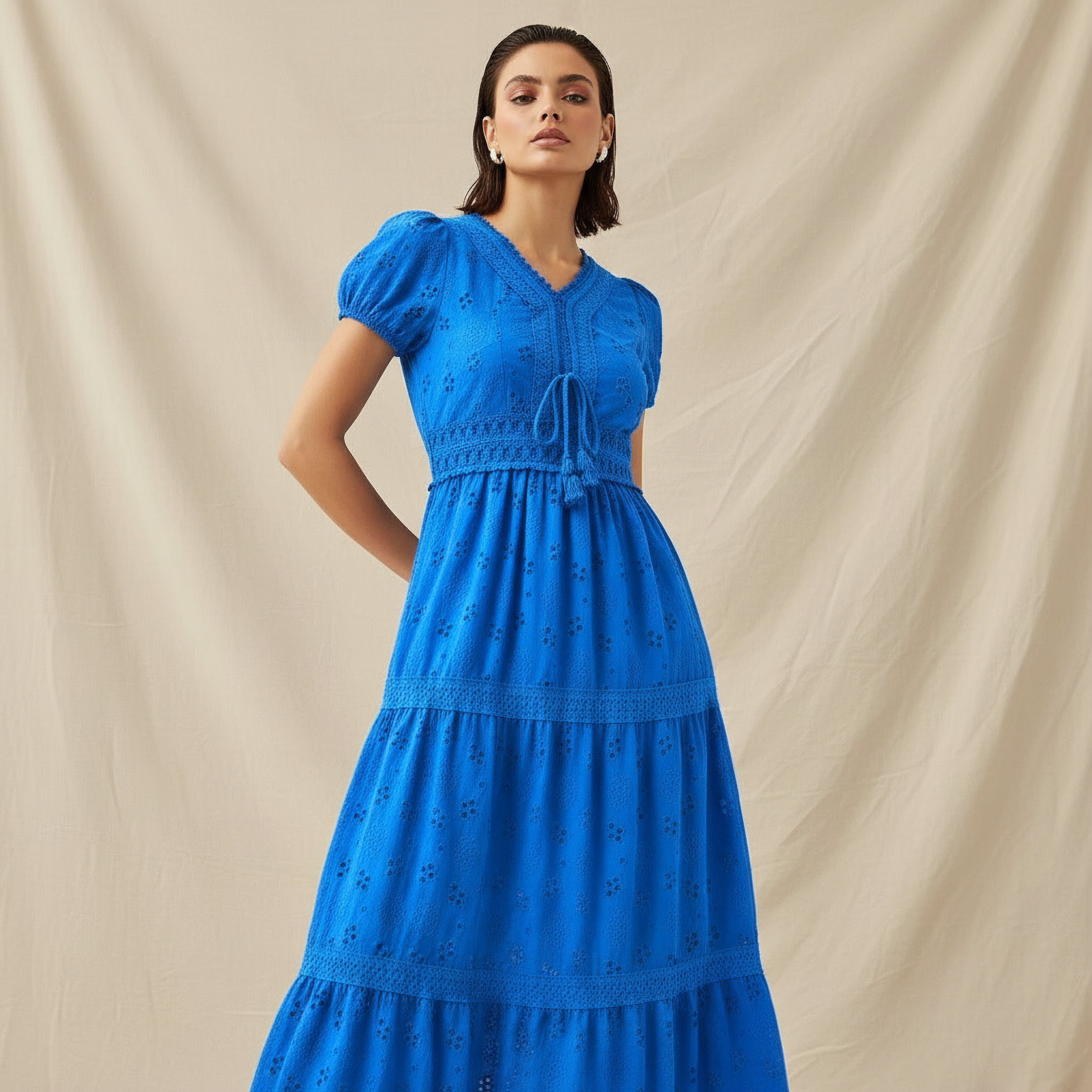 2Xtremz A-line Midi Cotton Tiered Dress with Schiffli Embroidery-women-clothing-dresses-image-2