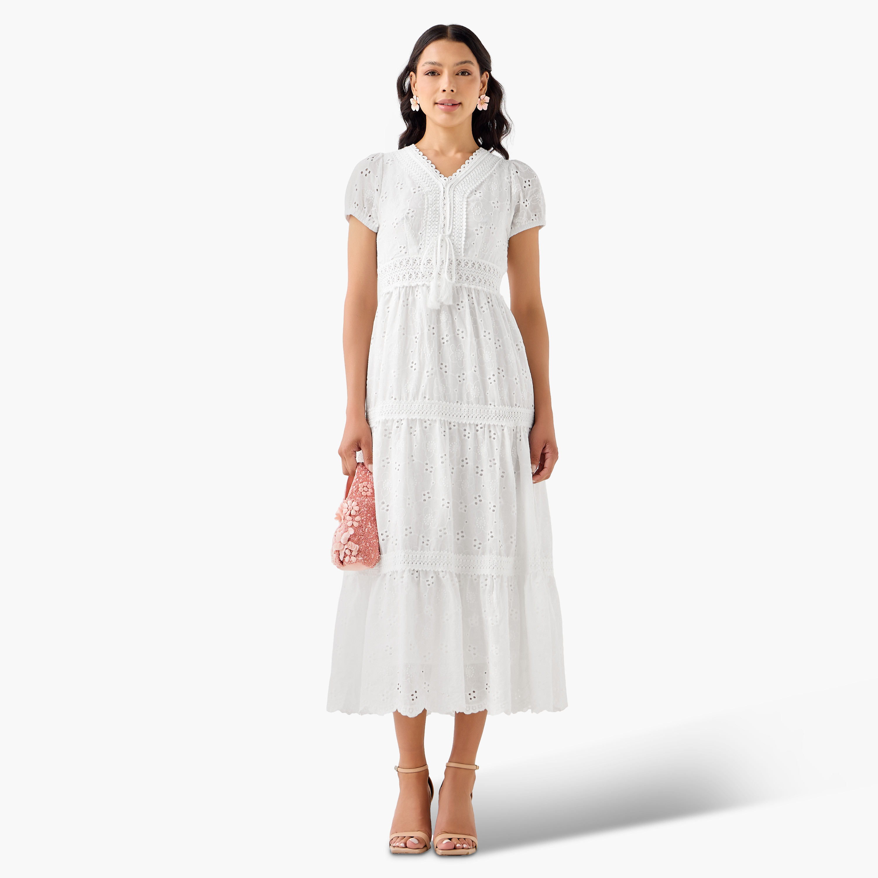 2Xtremz A-line Midi Cotton Tiered Dress with Schiffli Embroidery-women-clothing-dresses-image-2