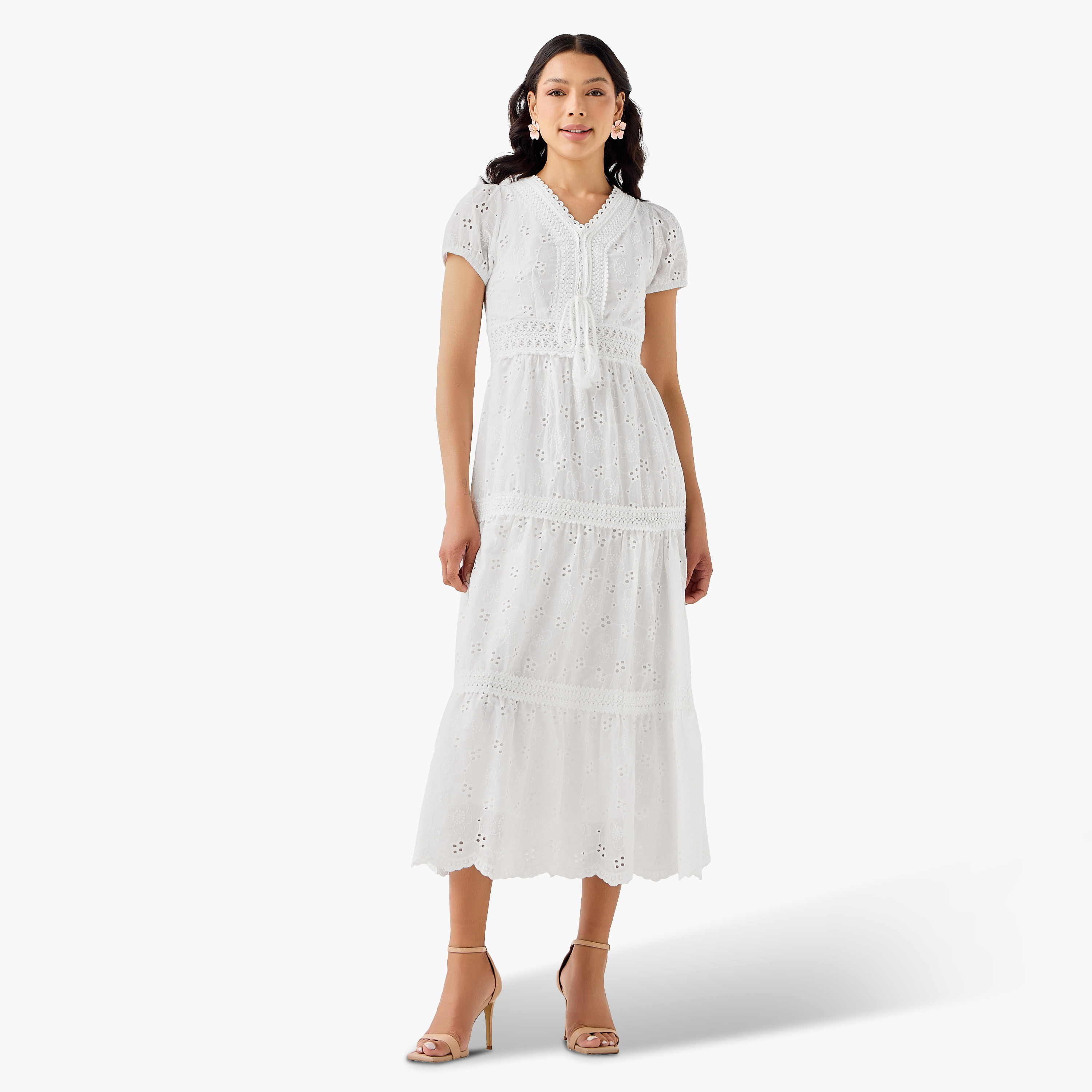 2Xtremz A-line Midi Cotton Tiered Dress with Schiffli Embroidery-women-clothing-dresses-image-3