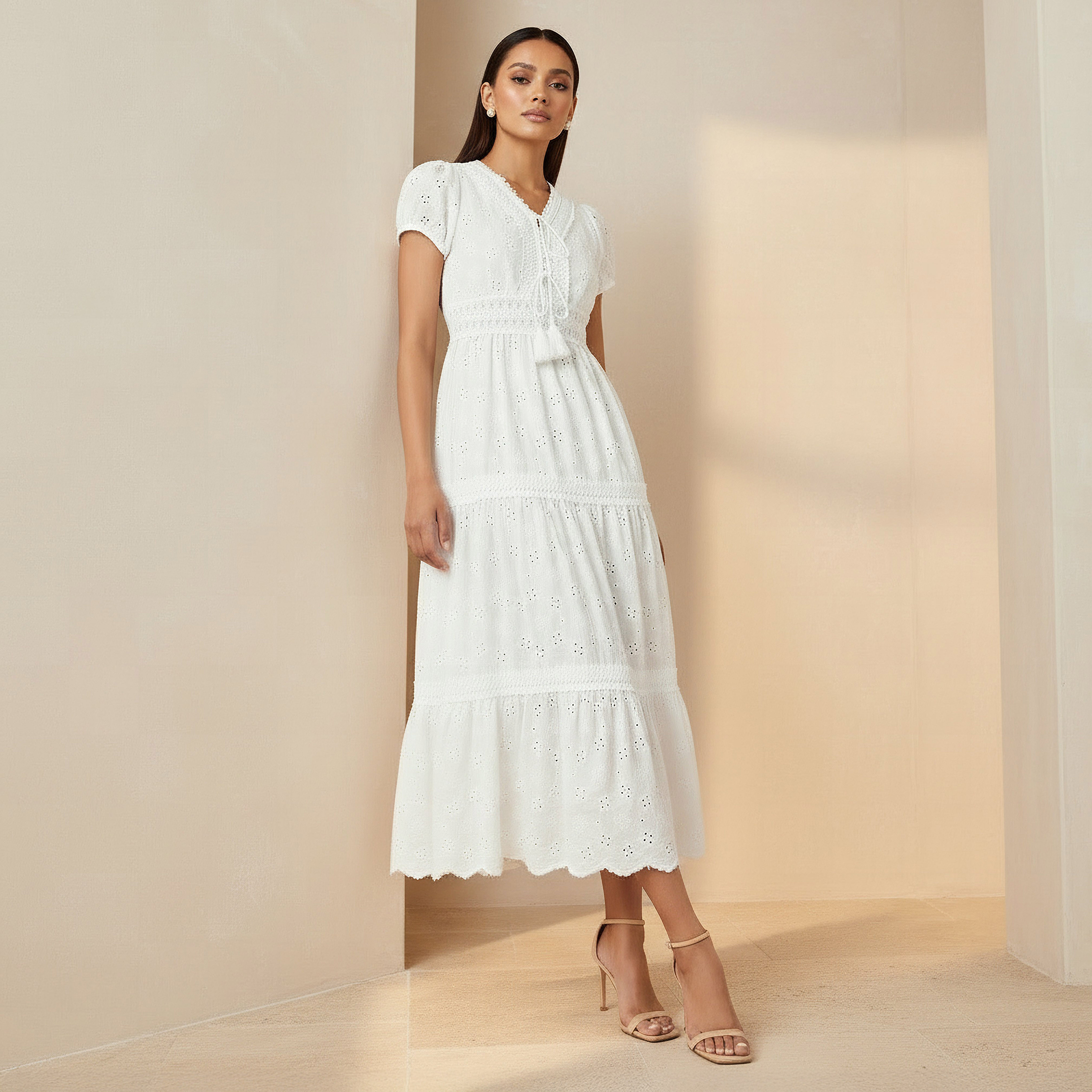 2Xtremz A-line Midi Cotton Tiered Dress with Schiffli Embroidery-women-clothing-dresses-image-1