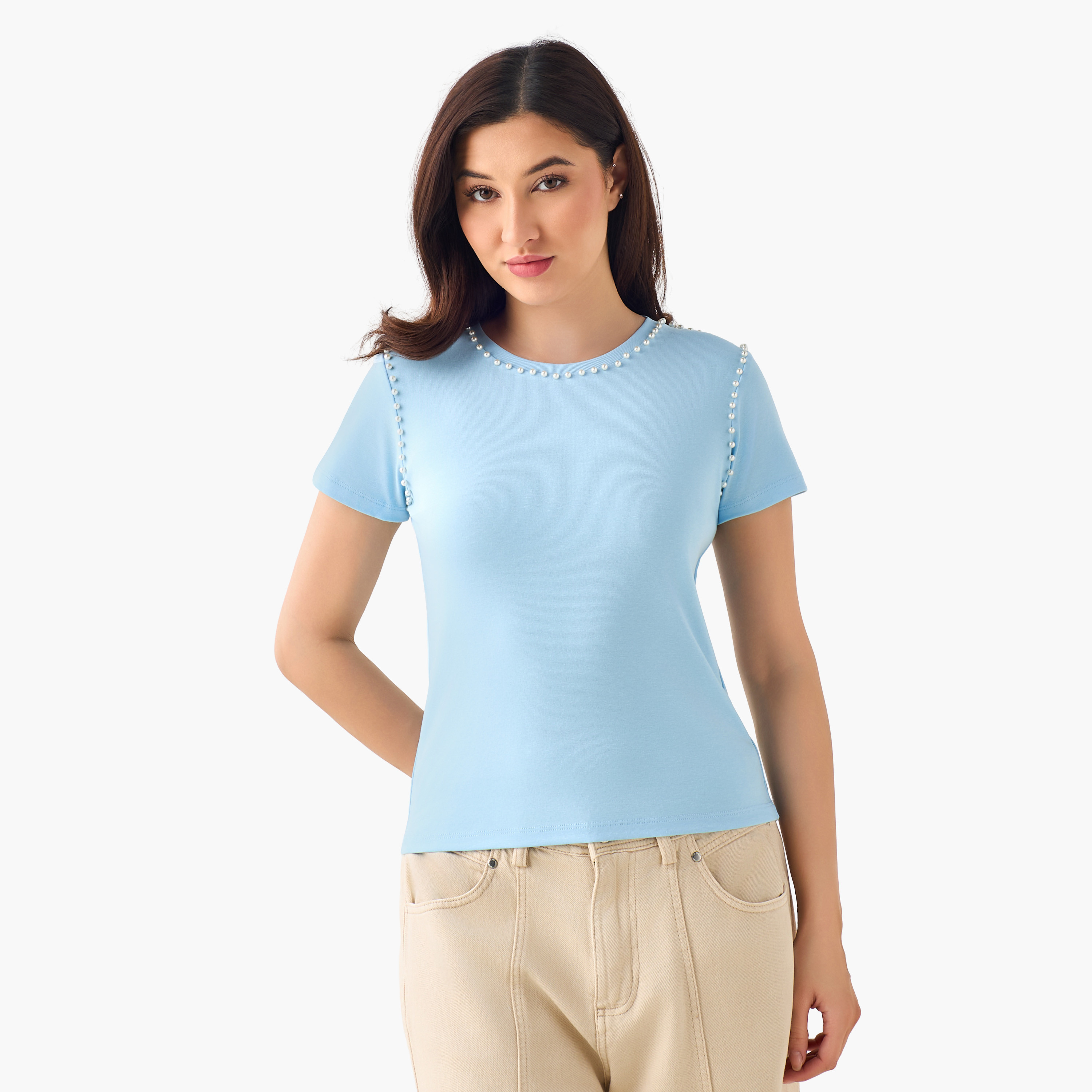 تيشيرت بتزيينات لؤلؤ من تو إكستريمز-women-clothing-tshirts-image-5