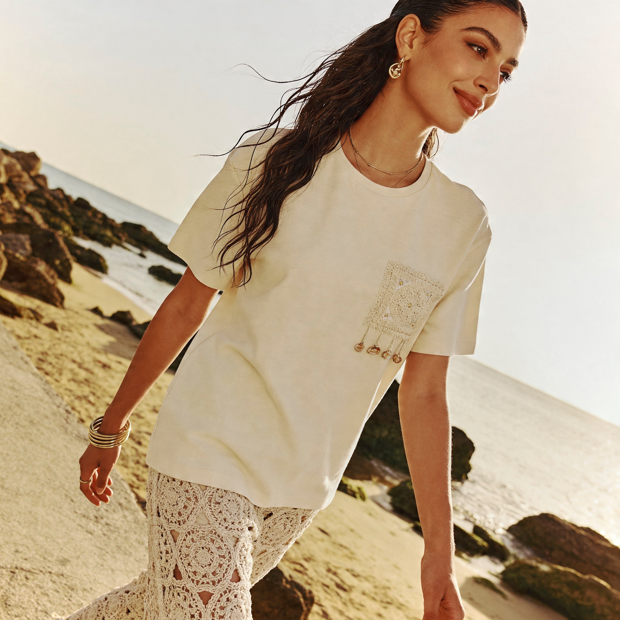 Cotton T-shirt with Crochet Applique-women-clothing-tshirts-image-1