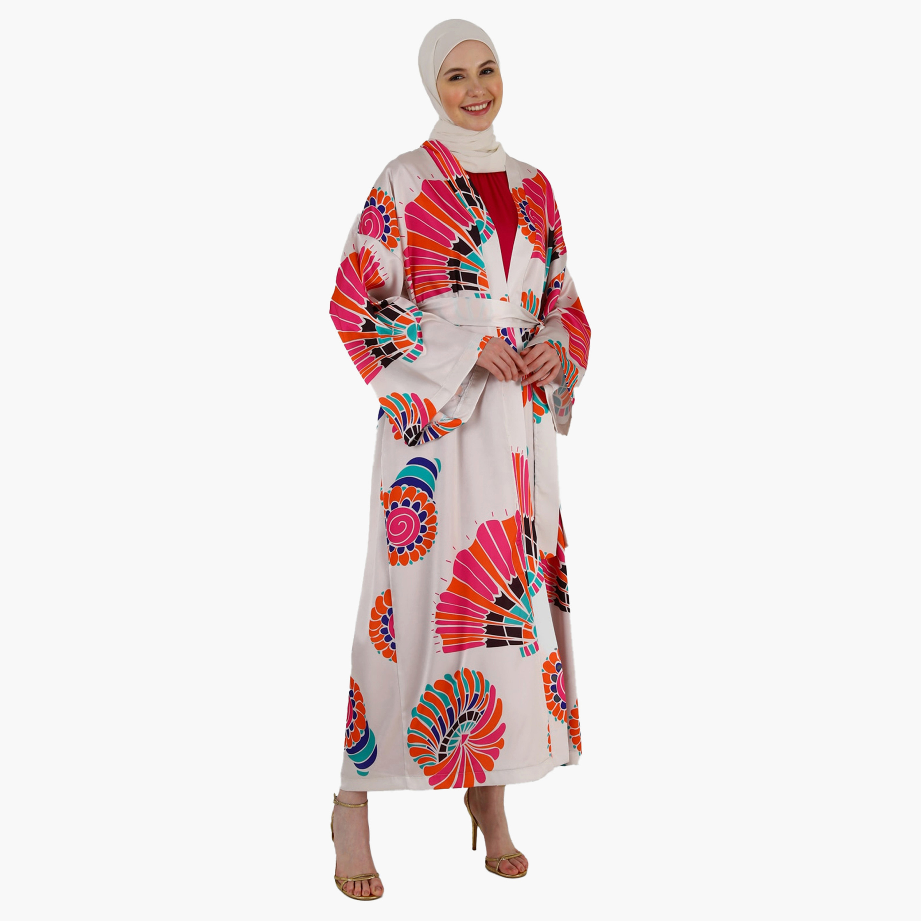 Modanisa Printed Open Front Tie Belt Abaya-women-arabicclothing-abayas-image-2