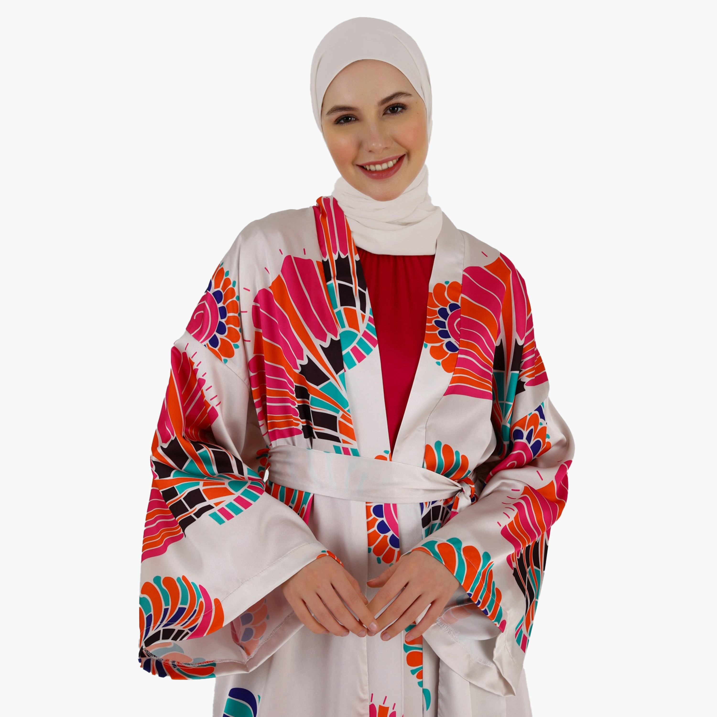 Modanisa Printed Open Front Tie Belt Abaya-women-arabicclothing-abayas-image-3