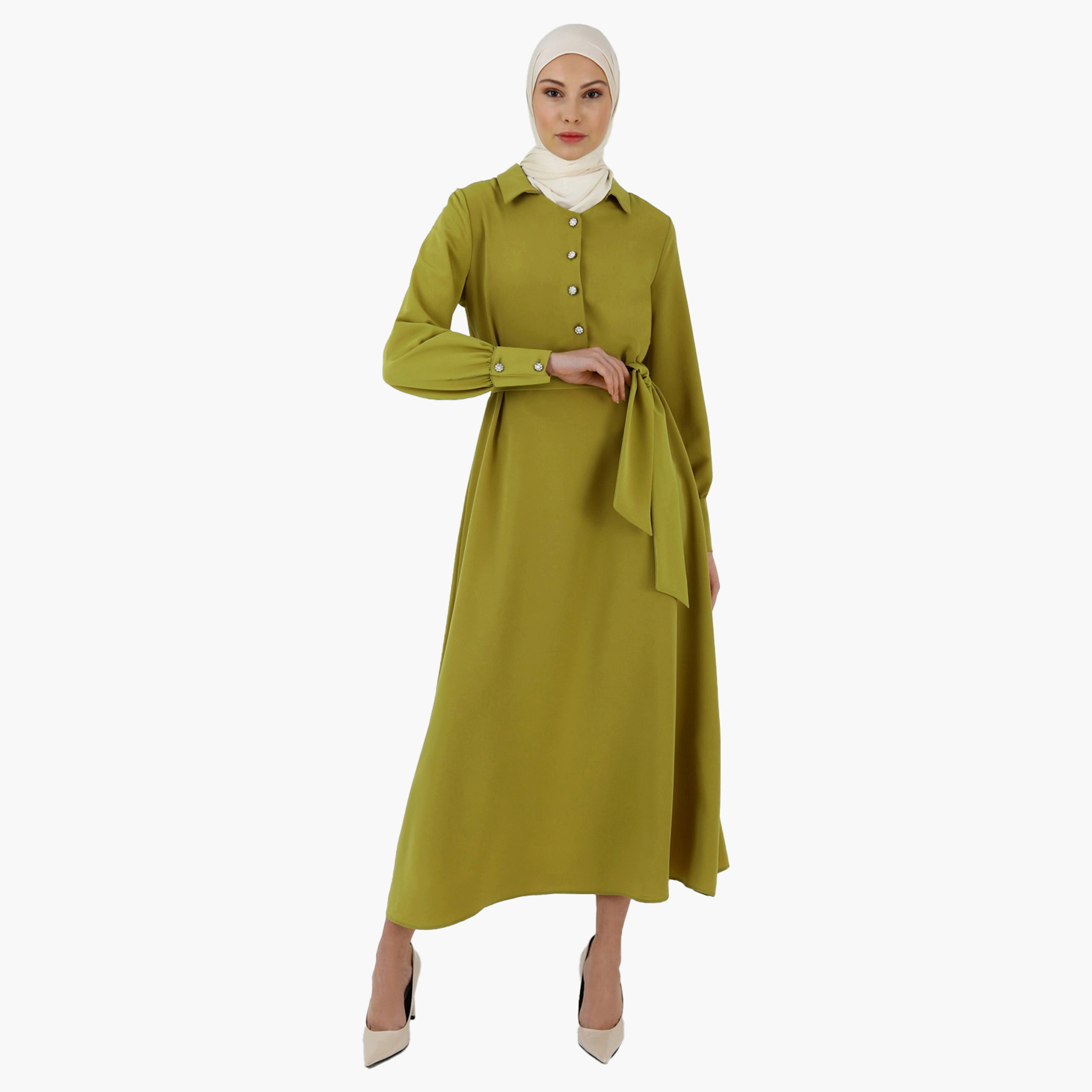 فستان متواضع سادة بياقة قميص وحزام ربطة من مودانيشا-women-clothing-dresses-image-1