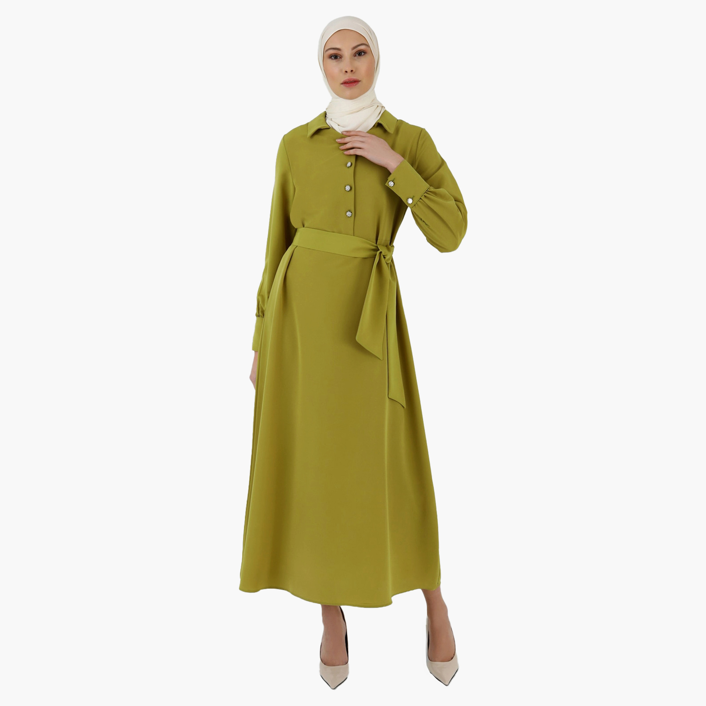 فستان متواضع سادة بياقة قميص وحزام ربطة من مودانيشا-women-clothing-dresses-image-2
