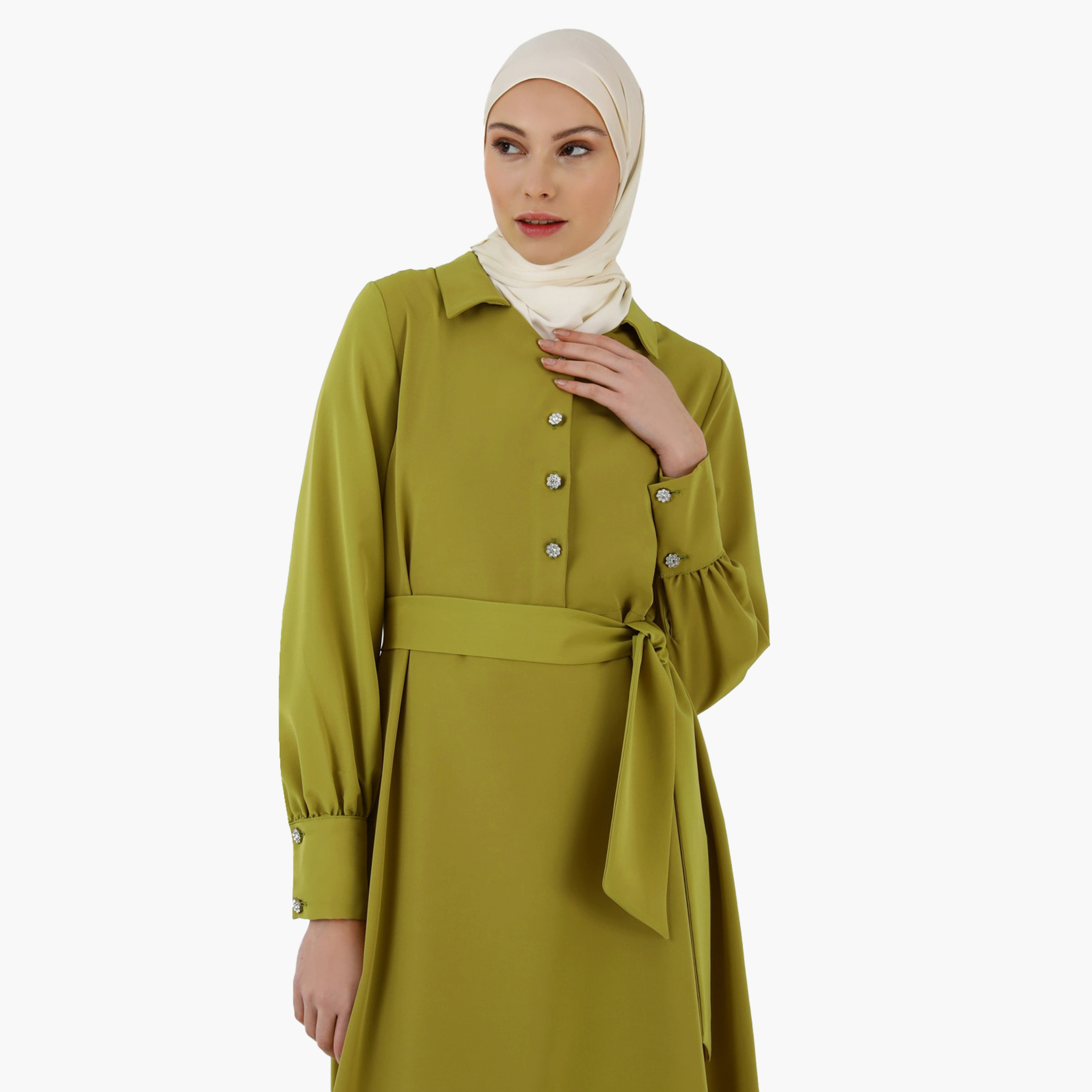 فستان متواضع سادة بياقة قميص وحزام ربطة من مودانيشا-women-clothing-dresses-image-3