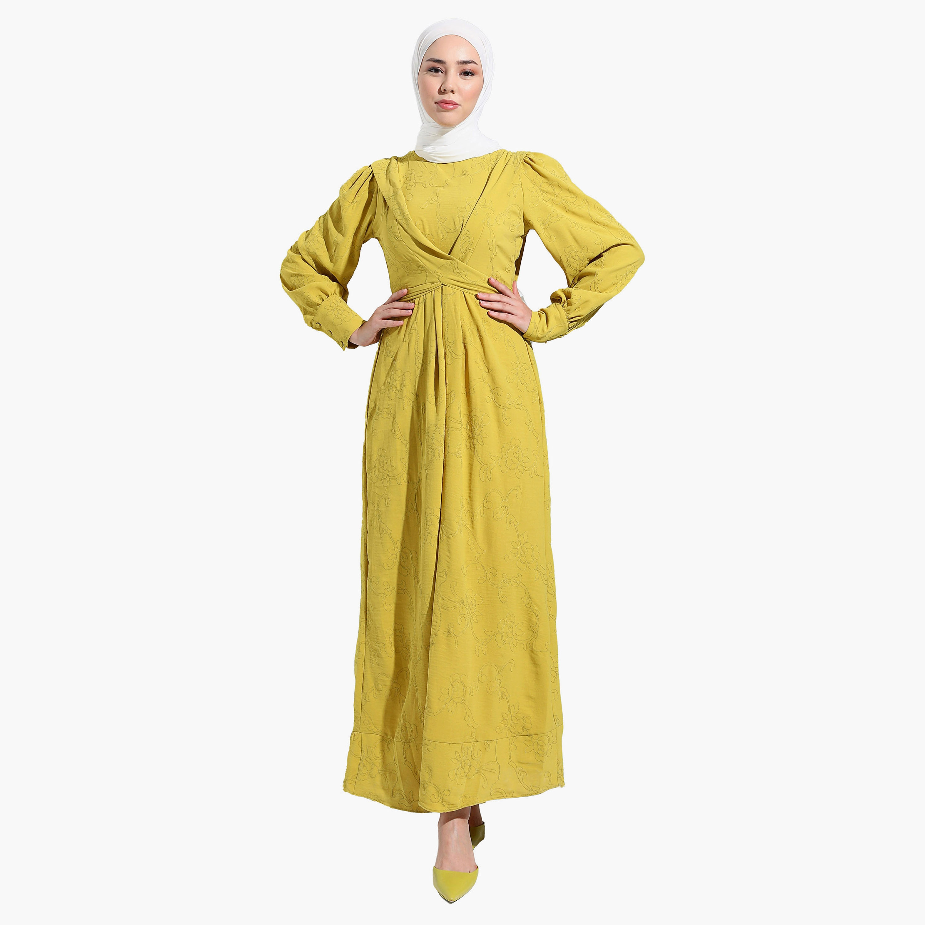 فستان متواضع مزمخرفة برقبة دائرية عادي وحزام خلفي من مودانيشا-women-clothing-dresses-image-1